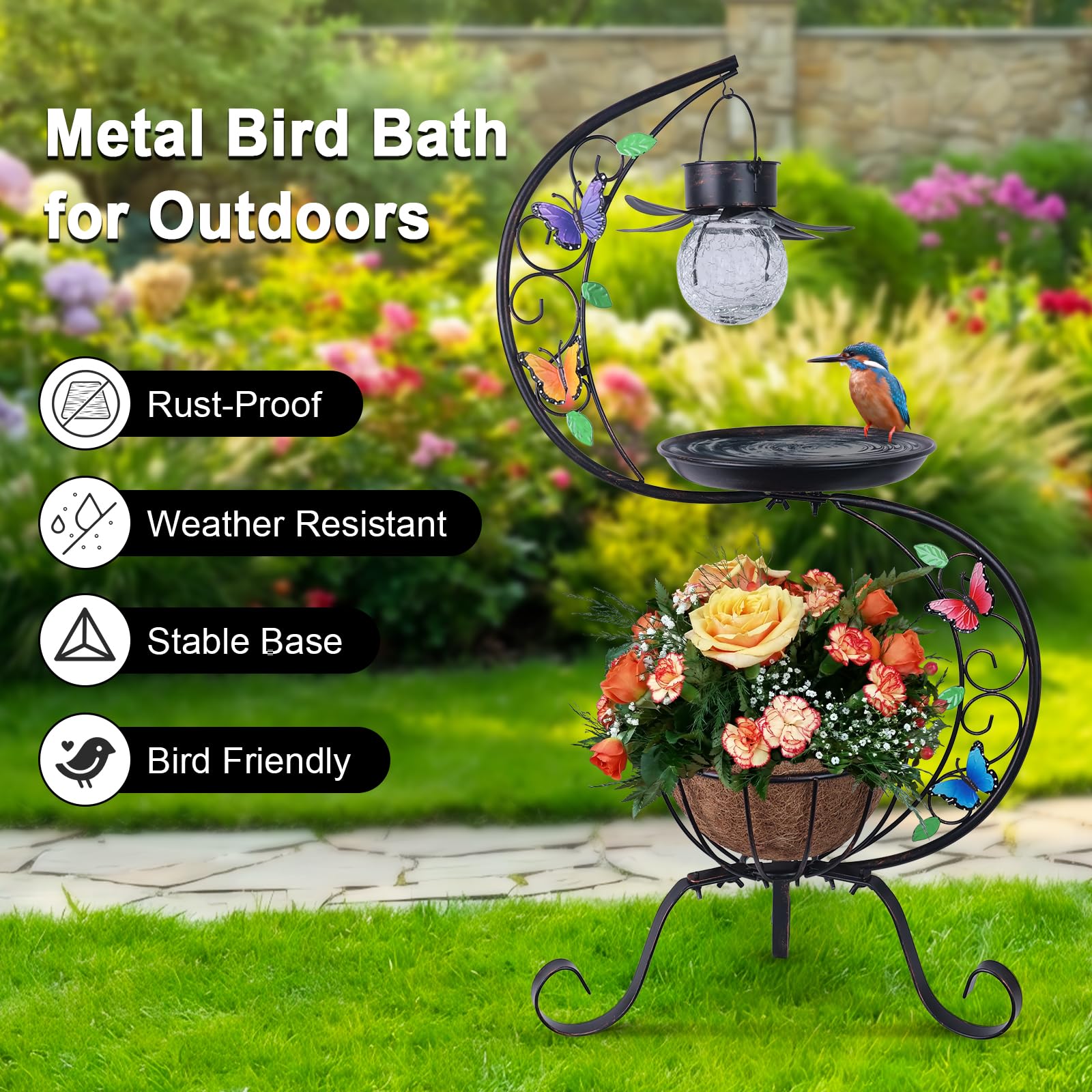 hogardeck Vogeltränke für Außen mit Solarlampe, Metall-Vogeltränke für den Außenbereich mit Blumen-Pflanzgefäß-Sockel, Vintage-Vogeltränke für Garten, Hof, Terrasse, Rasen-Dekor