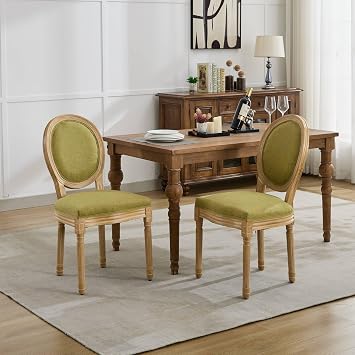 French Country Dining Chairs Set of 2, Olive Green Linen Upholstered, Solid Rubberwood Frame, Antique Painted Finish, Comfortable Foam & Spring Cushion