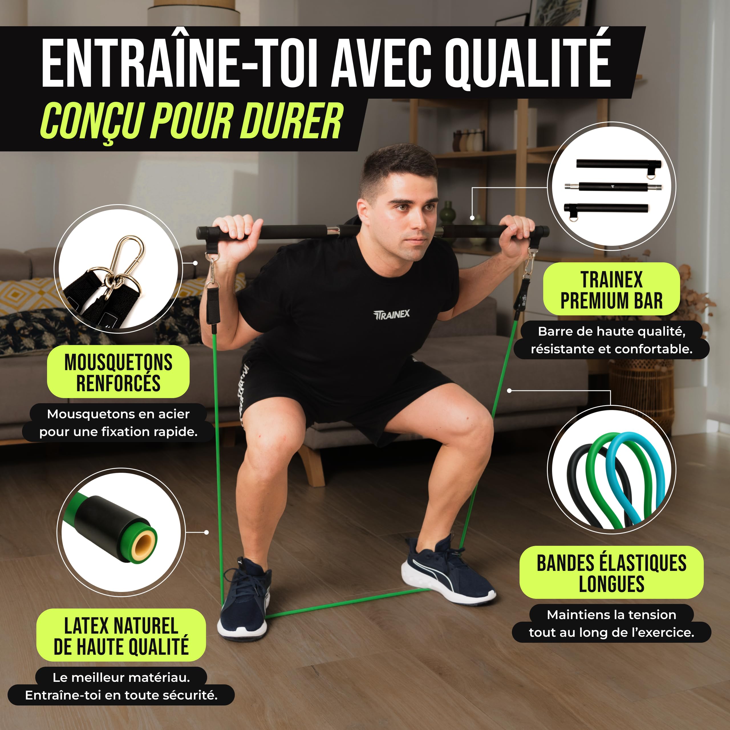 Élastiques de Musculation avec Barre | Bandes de résistance Jusqu’à 100 kg | Kit Musculation Maison Compact | Entraînement Efficace à Domicile | TRAINEX