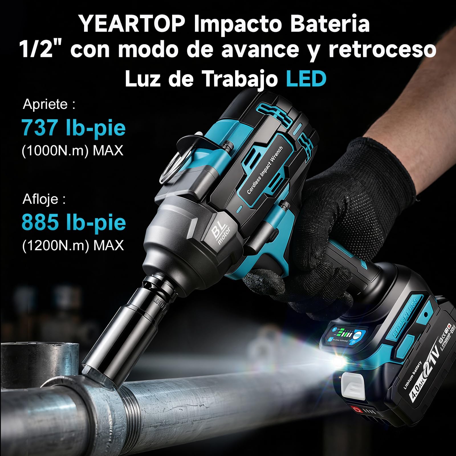 YEARTOP Pistola de Impacto a Batería Aflojado 1200 Nm con 2x 4.0Ah Baterías