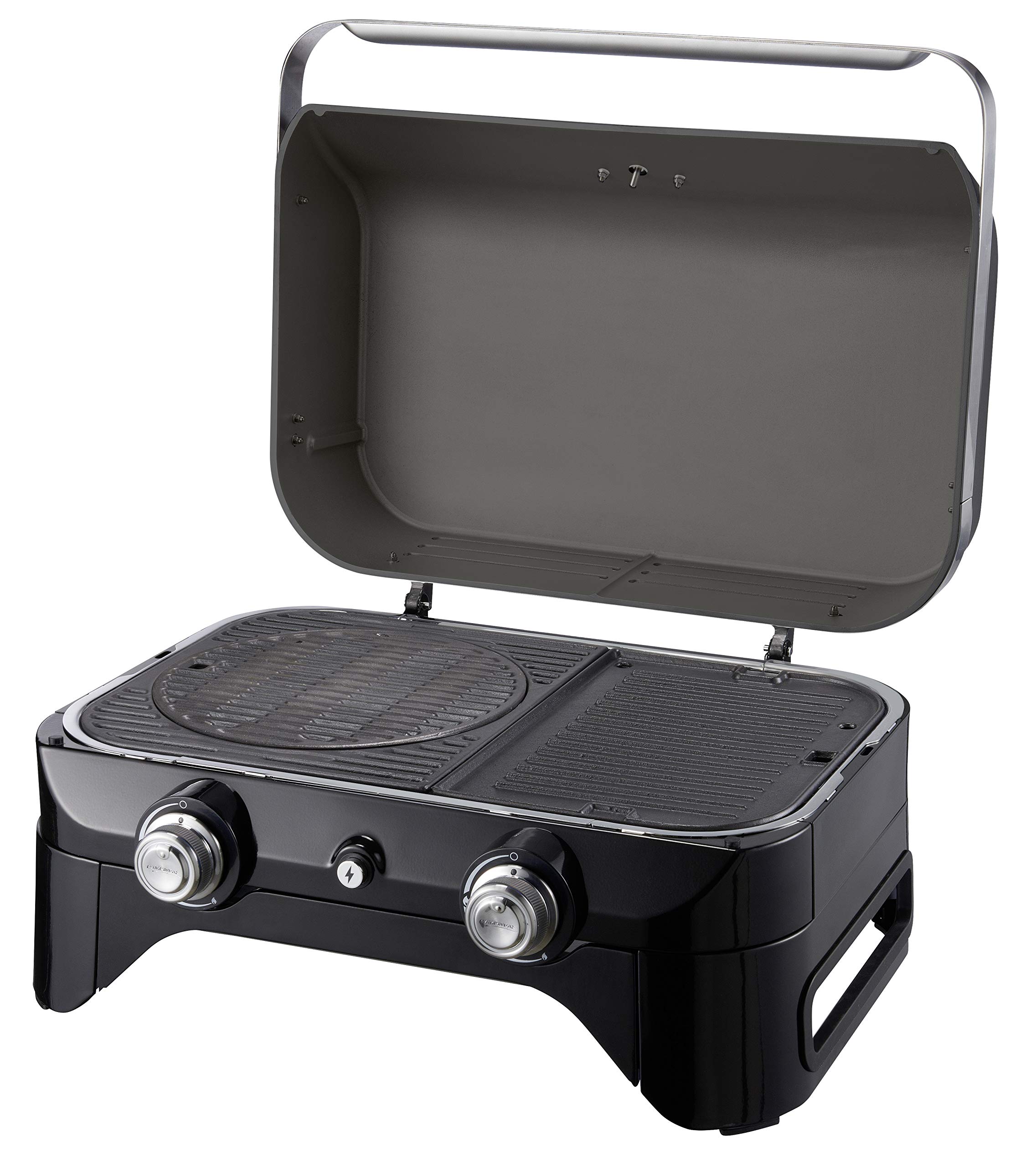 Campingaz Attitude 2100 LX, Griglia a Gas, da Tavolo Portatile, 2 Bruciatori in Acciaio, Potenza di 5 kW, per Campeggio con Coperchio, Termometro, Plancha in Ghisa, Grigio/Nero