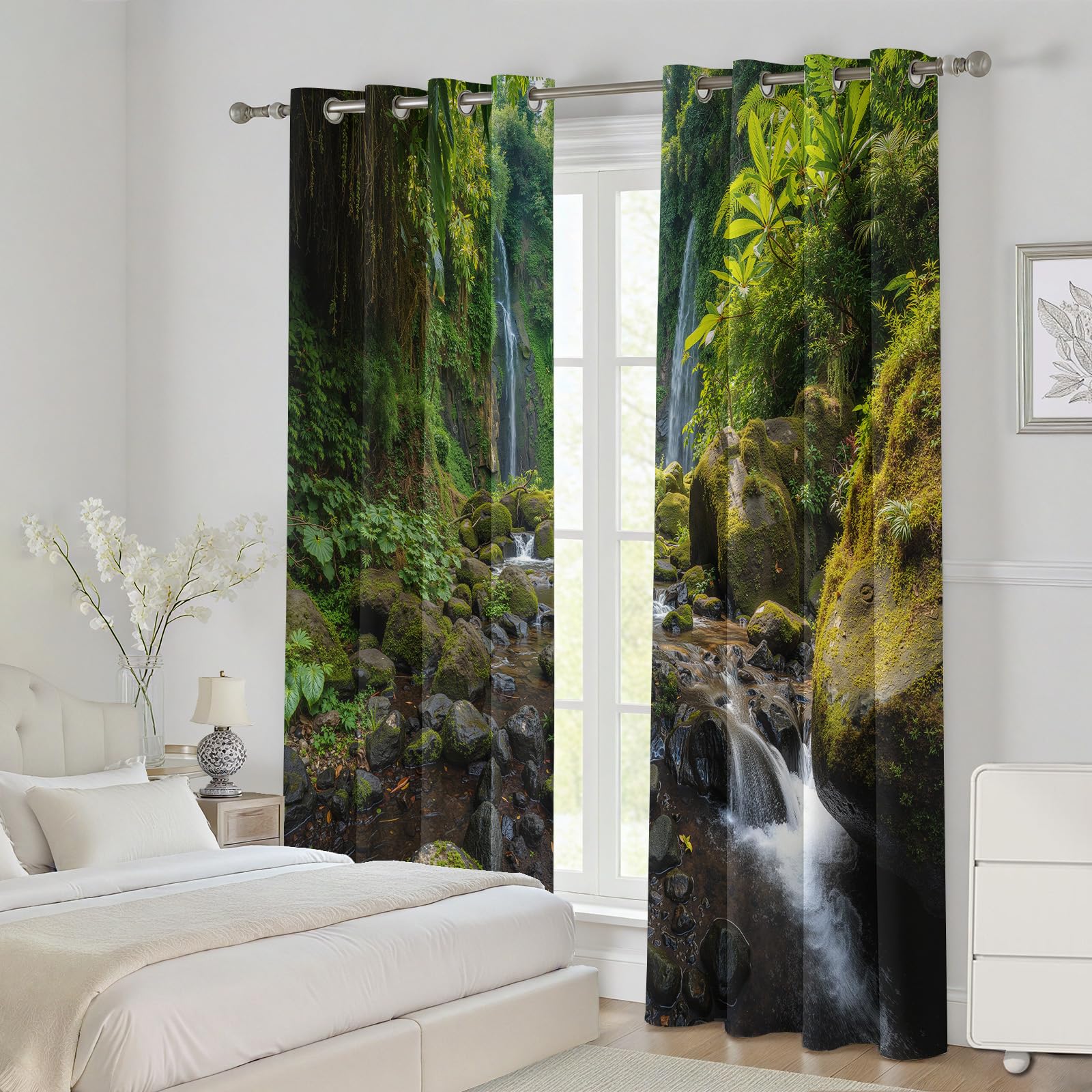Wald Wasserfall Vorhange Blickdicht 2er Set, Tropisch Dschungel Panorama | Gardinen mit Ösen Natur Landschaft Verdunklungsvorhänge 175 cm Lang 70 Breit Thermovorhang Wohnzimmer Schlafzimmer