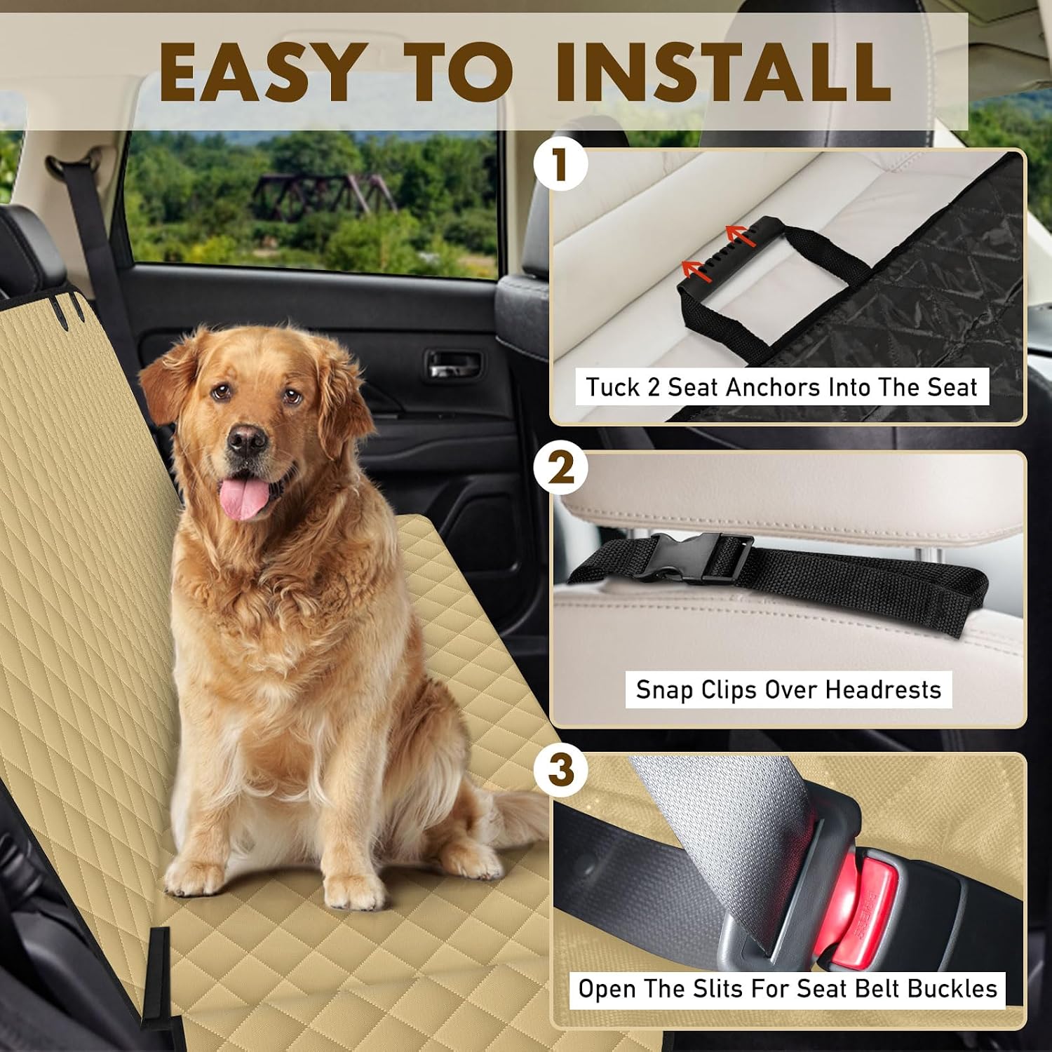 NECKORY Backseat Cover for Dogs, Waterproof and Non-Slip Pet Bench Seat Covers, Car Seat Protector for Back Seat, Universal Size Rear Car Seat Cover Fits Cars, Trucks and SUVs, L-Khaki&Black