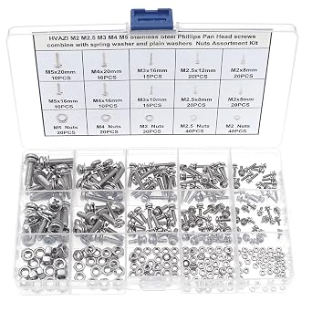 M2 M2.5 M3 M4 M5 Stainless Steel Phillips Pan Head Screws Combine with Spring Washer and Plain Washers Nuts Assortment Kit
