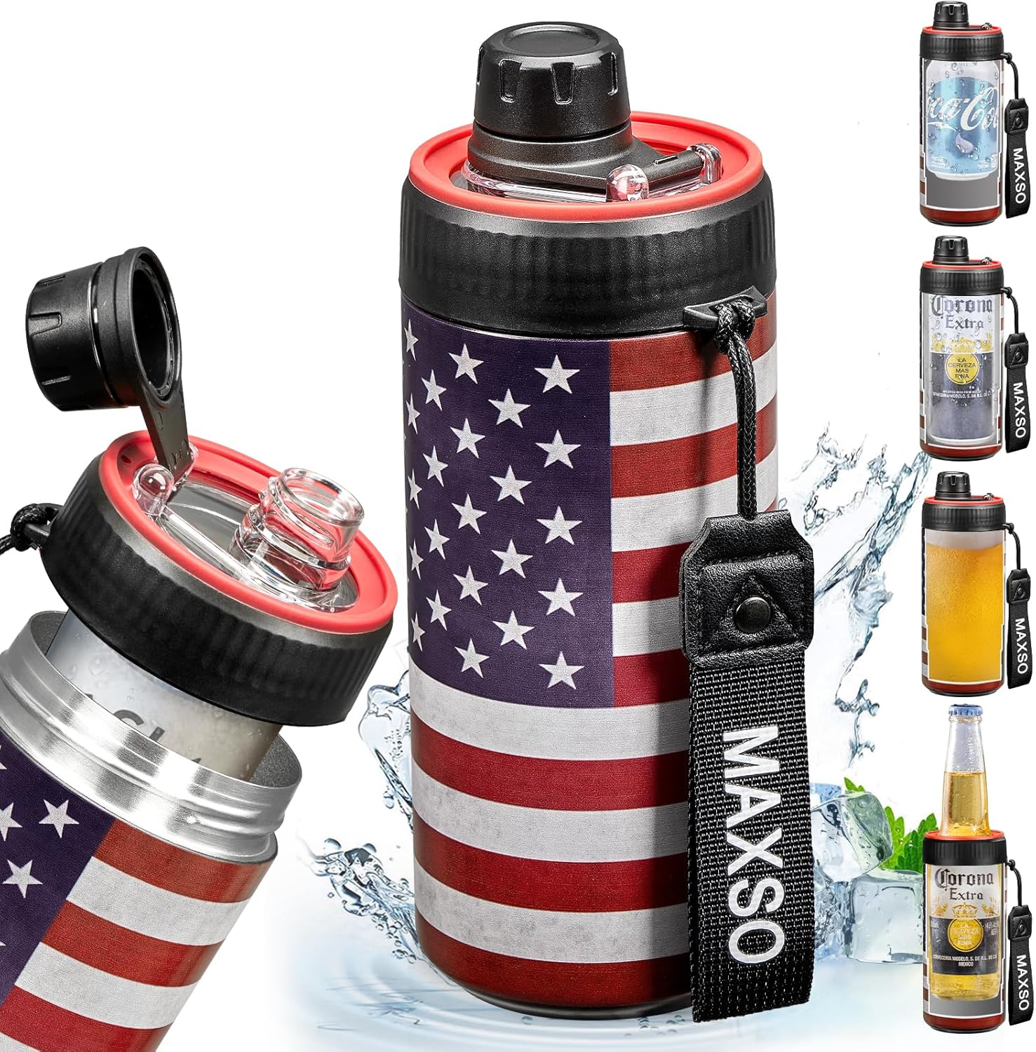 MAXSO Sealed Can Cooler Fizz Lid Can Cover for 12 oz Regular, Slim Skinny Cans & As Thermal Bottle, 4-in-1 Insulated Vacuum Stainless Steel Carbonated Cold Drink Holder – Stars