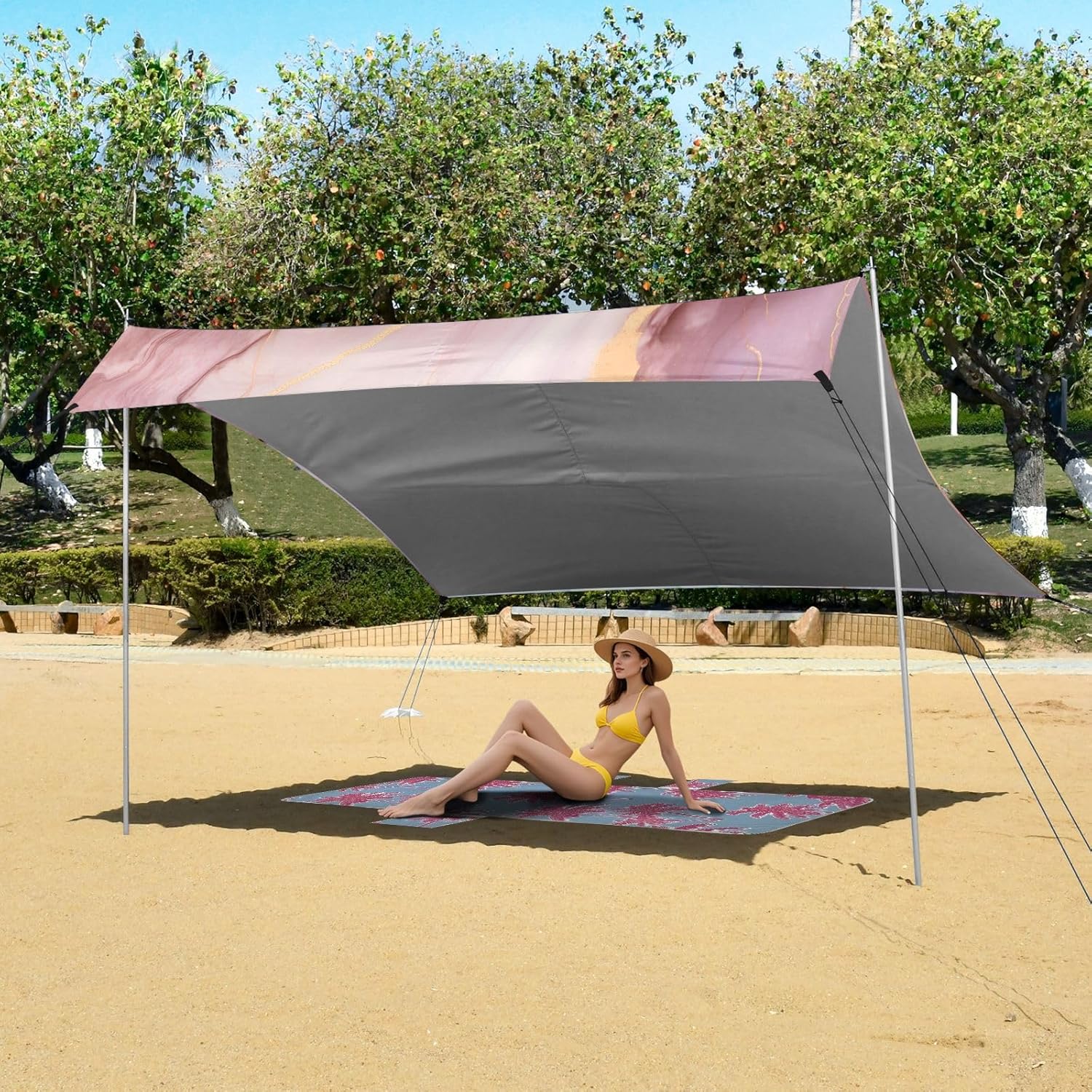 Rose Gold Marble Camping Sun Shelter, Beach Tent Portable Beach Sun Shade Outdoor Canopy for Camping Trips Fishing Picnic