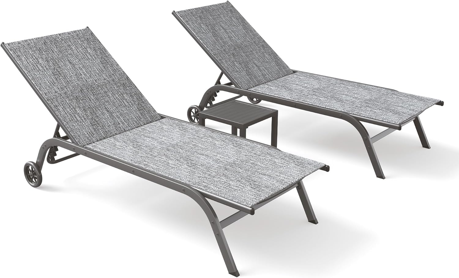 UDPATIO Patio Pool Lounge Chairs Set of 2 for Outside with Table Outdoor Chaise Chair with Cushion for Poolside Sunbathing 5 Adjustable Position Backrest Lounger with Wheels