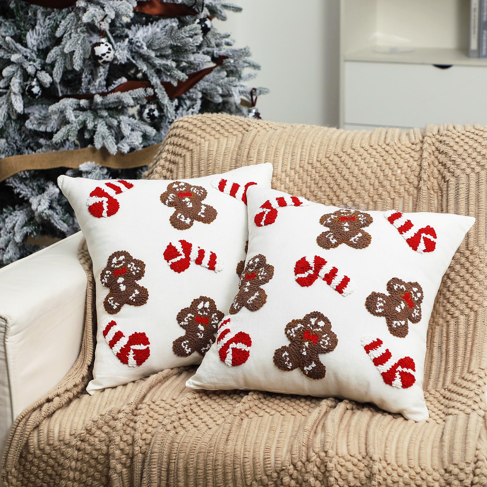 Mixweer 2 federe per cuscini trapuntate con cappello di Natale, 45 x 45 cm, motivo natalizio 3D, decorative, morbide, per divano, letto, camera (pan di zenzero)