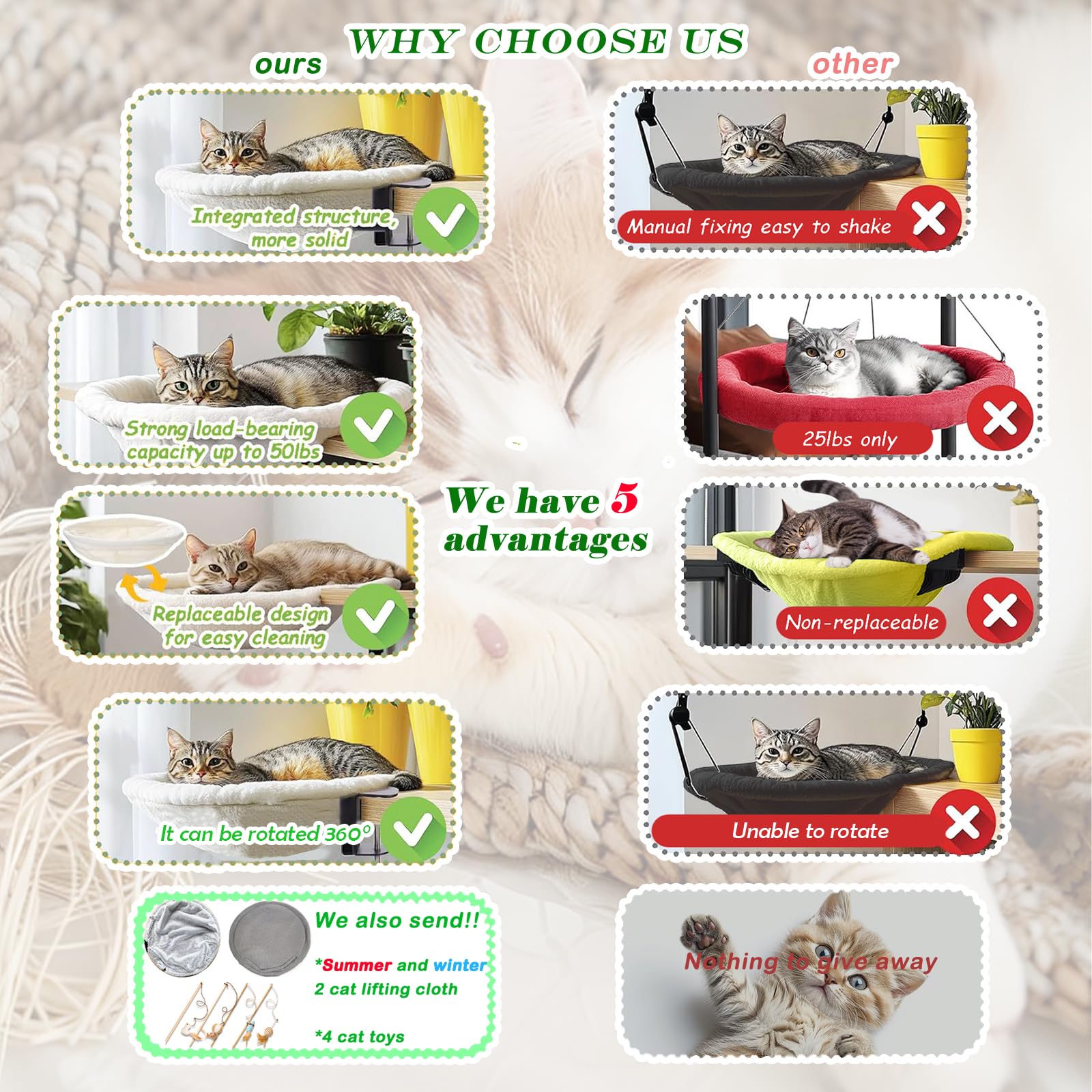 Kattenbed, kattenhangmat voor katten, stevig ontwerp met gezellige