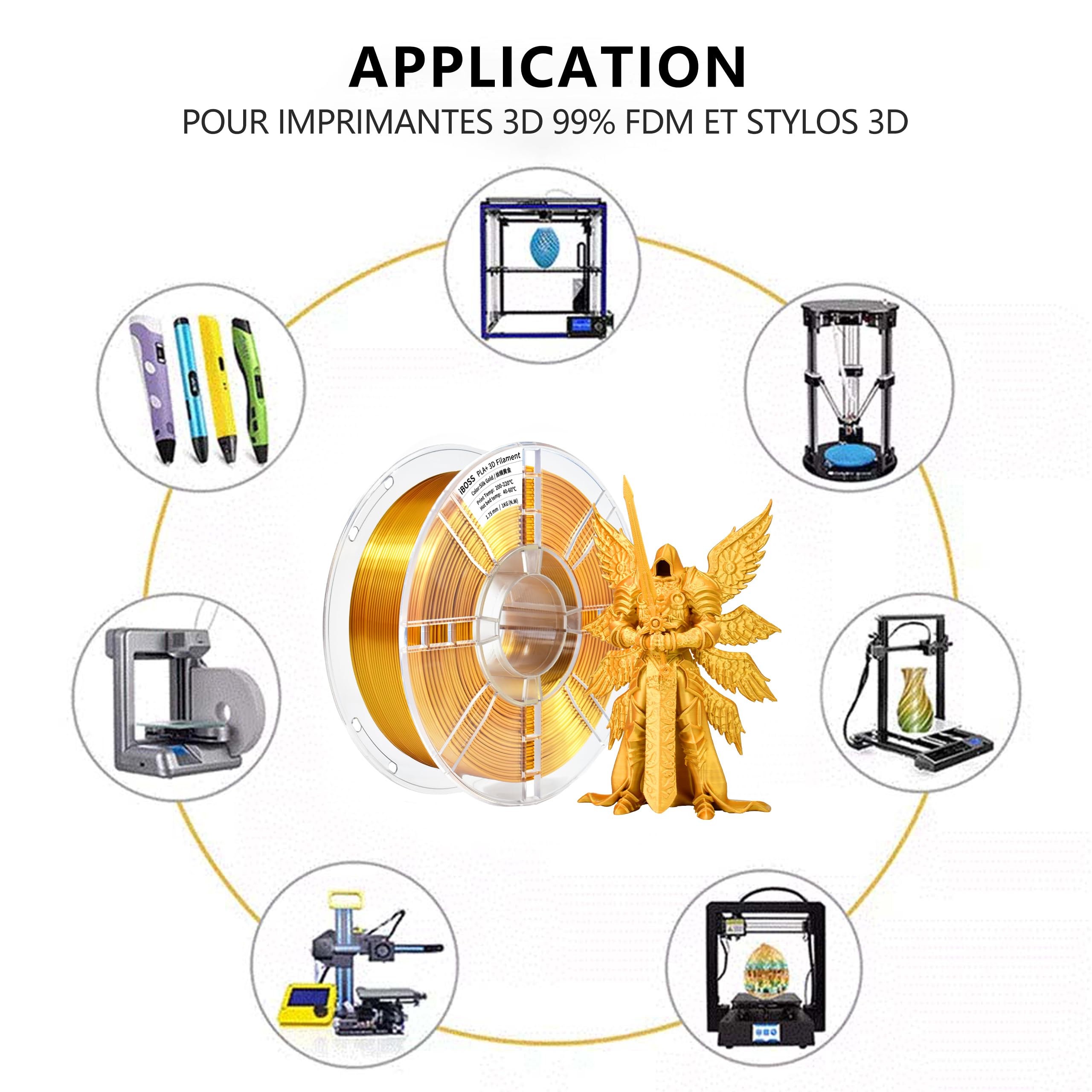 iBOSS PLA Plus (PLA+) Shiny Silk 3D Printer Filament 1,75 mm Silk PLA + 1,75 Dimension Accuracy +/- 0,02 mm, Bobine de 1 kg (2,2 kg) pour imprimante 3D FDM (Silk Gold)