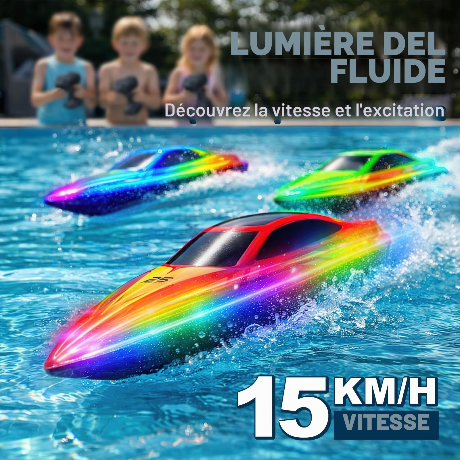 Bateau télécommandé RC avec LED 7 modes, vitesse 15km/h, télécommande 2.4GHz,alertes batterie faible et hors portée, 2 batteries, auto-redressement, cadeau garçons et filles, piscine et lac.—bleu