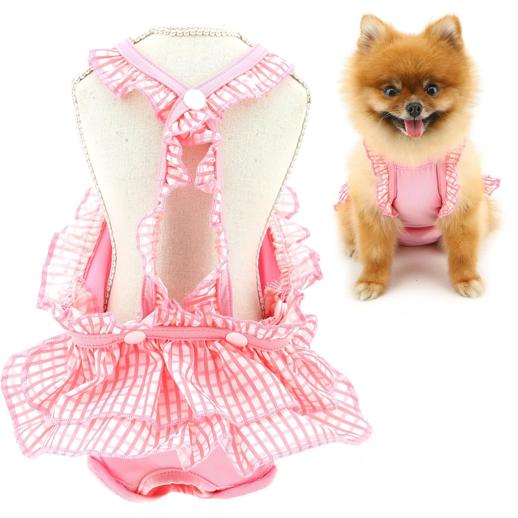 SMALLLEE_LUCKY_STORE Washable Reusable Dog Diaper Plaid Pet Sanitary Pantie with Suspender Puppy Cute Pet Underwear Diaper Jumpsuits for Female Dogs in Heat Period, Babypink, XL