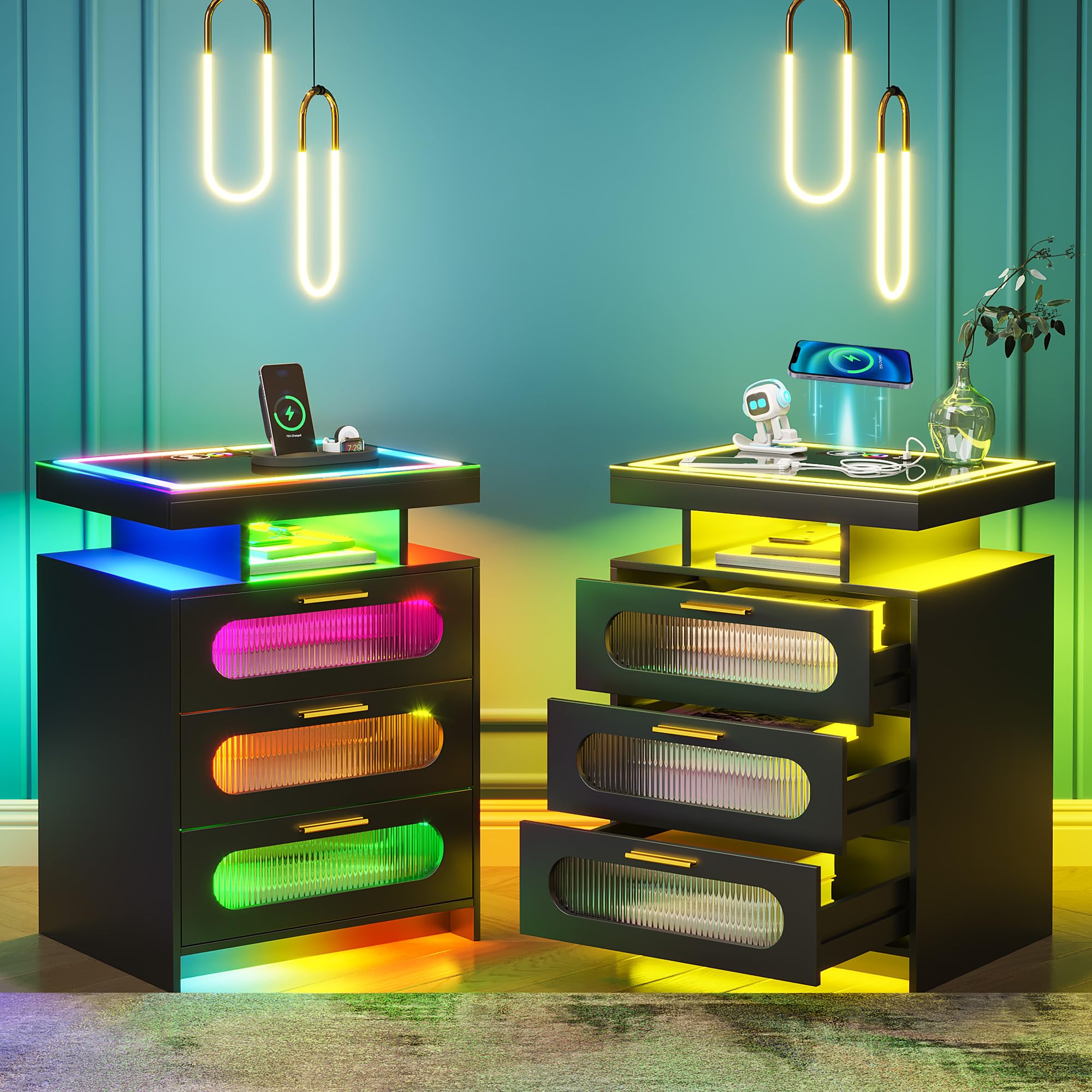 HNEBC RGB Night Stand Set 2 with Charging Station, LED Nightstand with 24 Colors Lights, Modern Bedside Table with Body Sensor, Glass Tabletop Side Table with 3 Drawers for Bedroom, Black