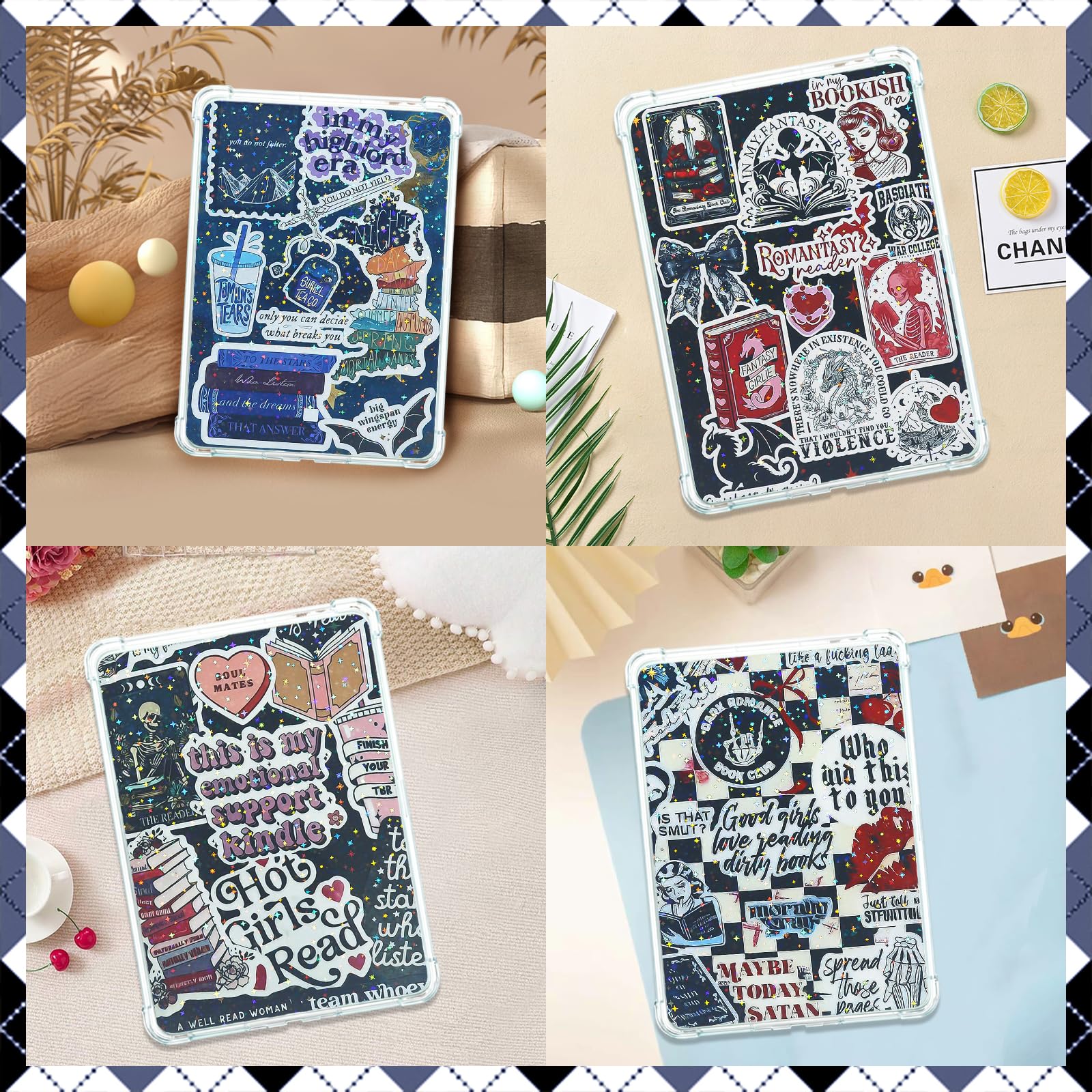 Bonito juego de tarjetas de inserción para Kindle, 6 diseños temáticos de libro con dijes para Kindle y tapones antipolvo USB-C, para 11ª/12ª generación, 6.8 x 4.8 pulgadas (negro 2)