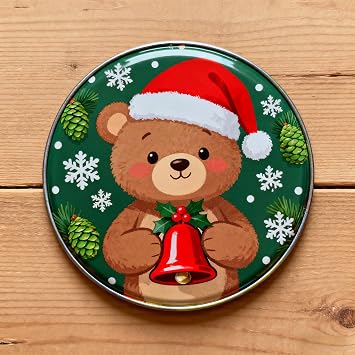 Santa Hat Bear & Bell Ornament, Christmas Bear Decor 8"x8"