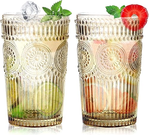 Miniatura 9 de Juego de 6 vasos de bebida vintage, vasos de vidrio de 12 onzas, vasos de agua acanalados en relieve para cóctel, agua, jugo, cerveza, whisky Brisa