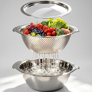 2Pcs Kitchen Colander & Mixing Bowl Set,28cm Stainless Steel Colander Strainer Bowl with Handle and Lid,Kitchen Food Strainer Basket for Draining Pasta,Washing Fruits,Veg and Meal Preparing