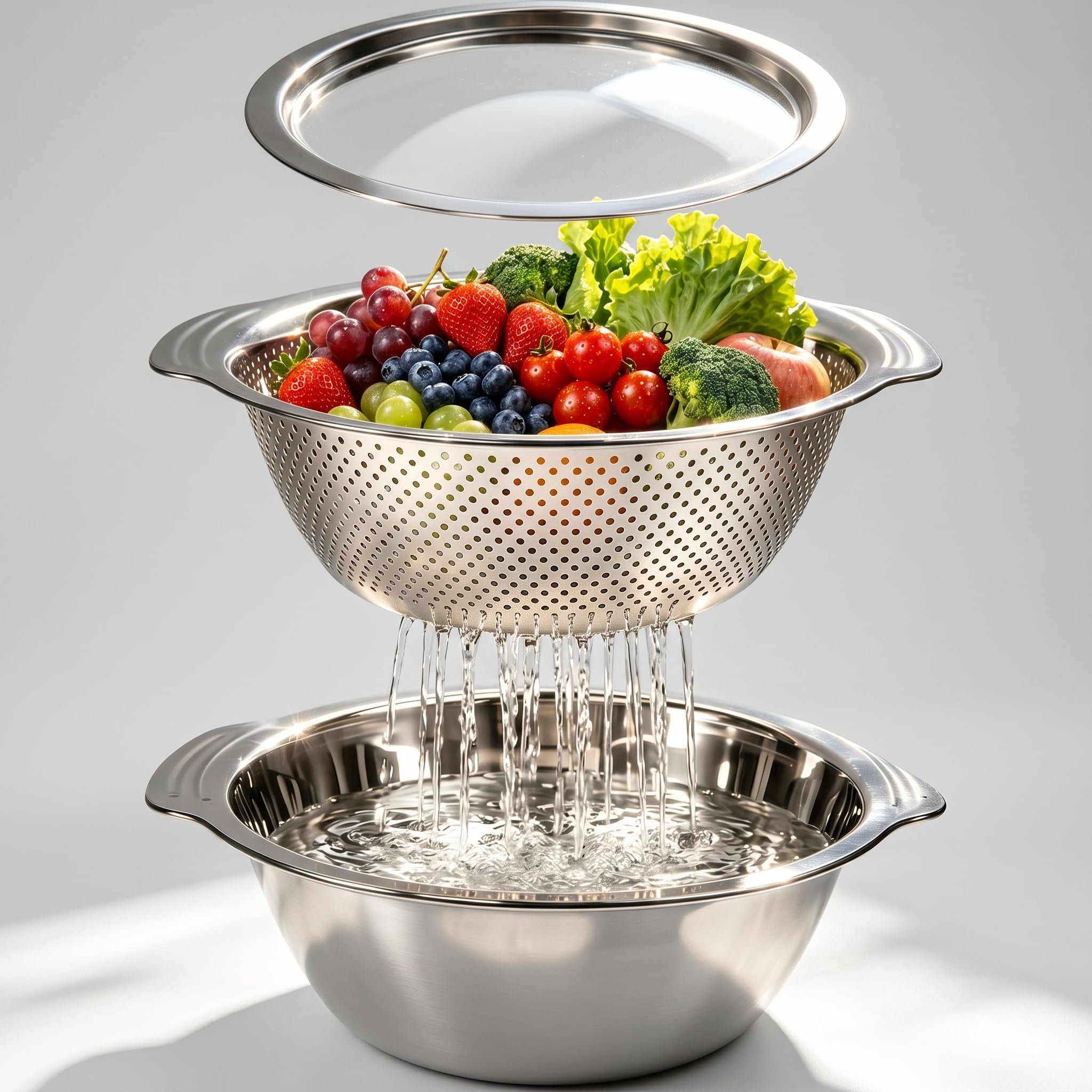 Xygobla 2Pcs Kitchen Colander & Mixing Bowl Set,28cm Stainless Steel Colander Strainer Bowl with Handle and Lid,Kitchen Food Strainer Basket for Draining Pasta,Washing Fruits,Veg and Meal Preparing