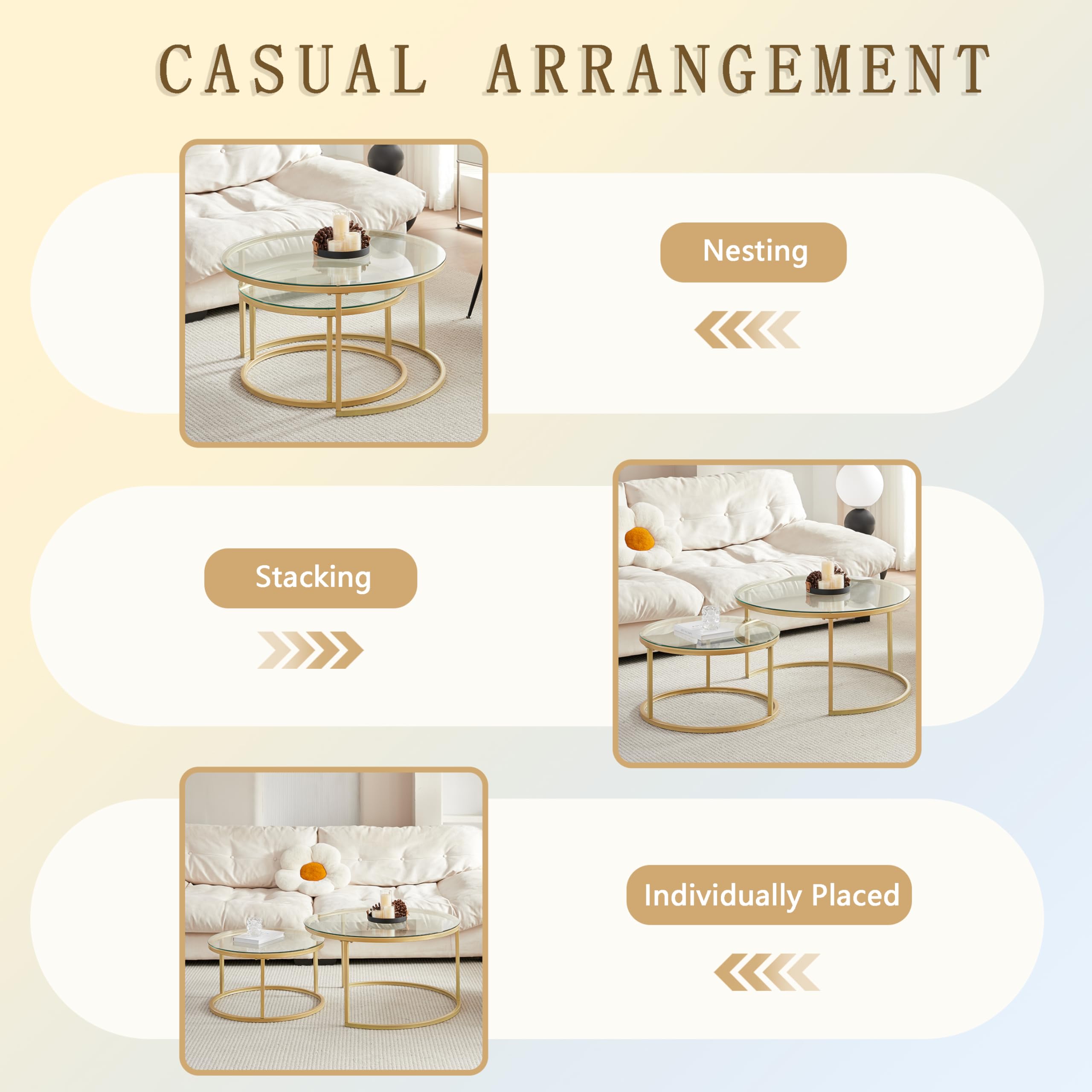 Lot de 2 Table Basse, Table D'appoint Ronde Empilable pour Salon, Pieds en Métal Plaqué Or, Adapté au Salons, Café, Salon (80 * 45 cm et 60 * 35 cm) - Verre Or