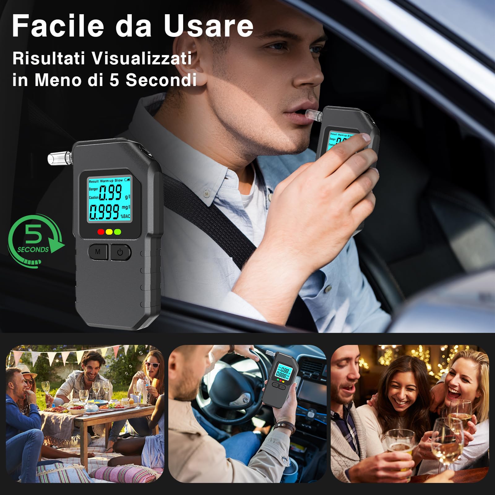 Super Barley Etilometro Portatile Certificato, Professionale Alcol Test, Digitale Etilometro con Display Schermo LED, con 20 Bocchette, per Uso Personale Famiglia e Professionale - 2