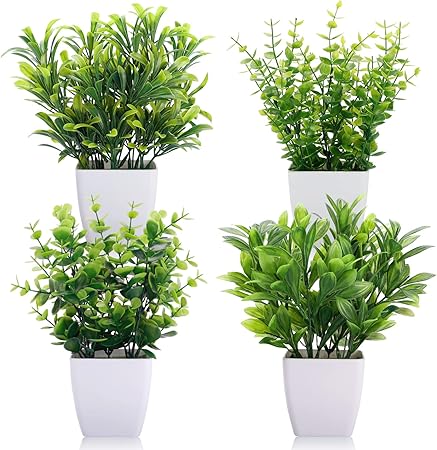Amazon Cewor 人工ミニ鉢植え植物 4個パック ユーカリ プラスチックポット センターピース ホームオフィス デスク テーブル 室内装飾 造花 オンライン通販