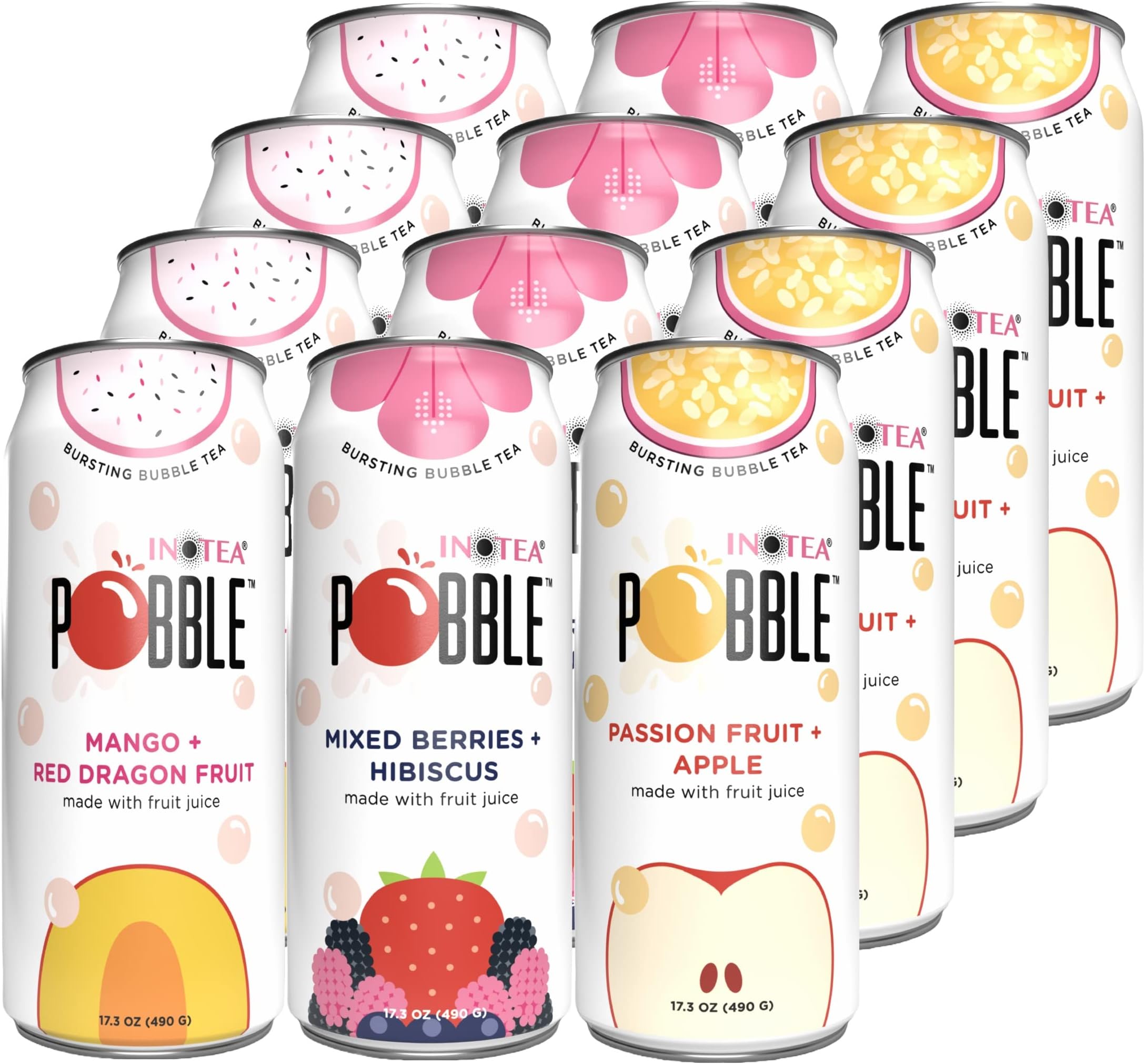POBBLE BURSTING BUBBLE TEA (Pack of 12 Cans) includes SALTATION Thank You Card | Canned Iced Tea Made with Real Fruit Juice and Contains Popping Pearls (16.6oz/can) | 12 Can Bundle- Available Flavors: Assorted, Mango+Red Dragon Fruit, Mixed Berries+Hibiscus, Passion Fruit+Apple. (Assorted)