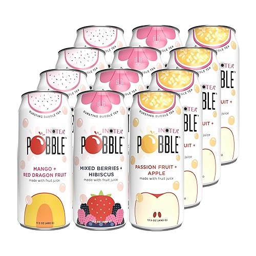 INOTEA POBBLE BURSTING BUBBLE TEA (Pack of 12 Cans) includes SALTATION Thank You Card | Canned Iced Tea Made with Real Fruit Juice and Contains Popping Pearls (16.6oz/can) | 12 Can Bundle- Available Flavors: Assorted, Mango+Red Dragon Fruit, Mixed Berries+Hibiscus, Passion Fruit+Apple. (Assorted) - 17.3 Fl Oz (Pack of 12)