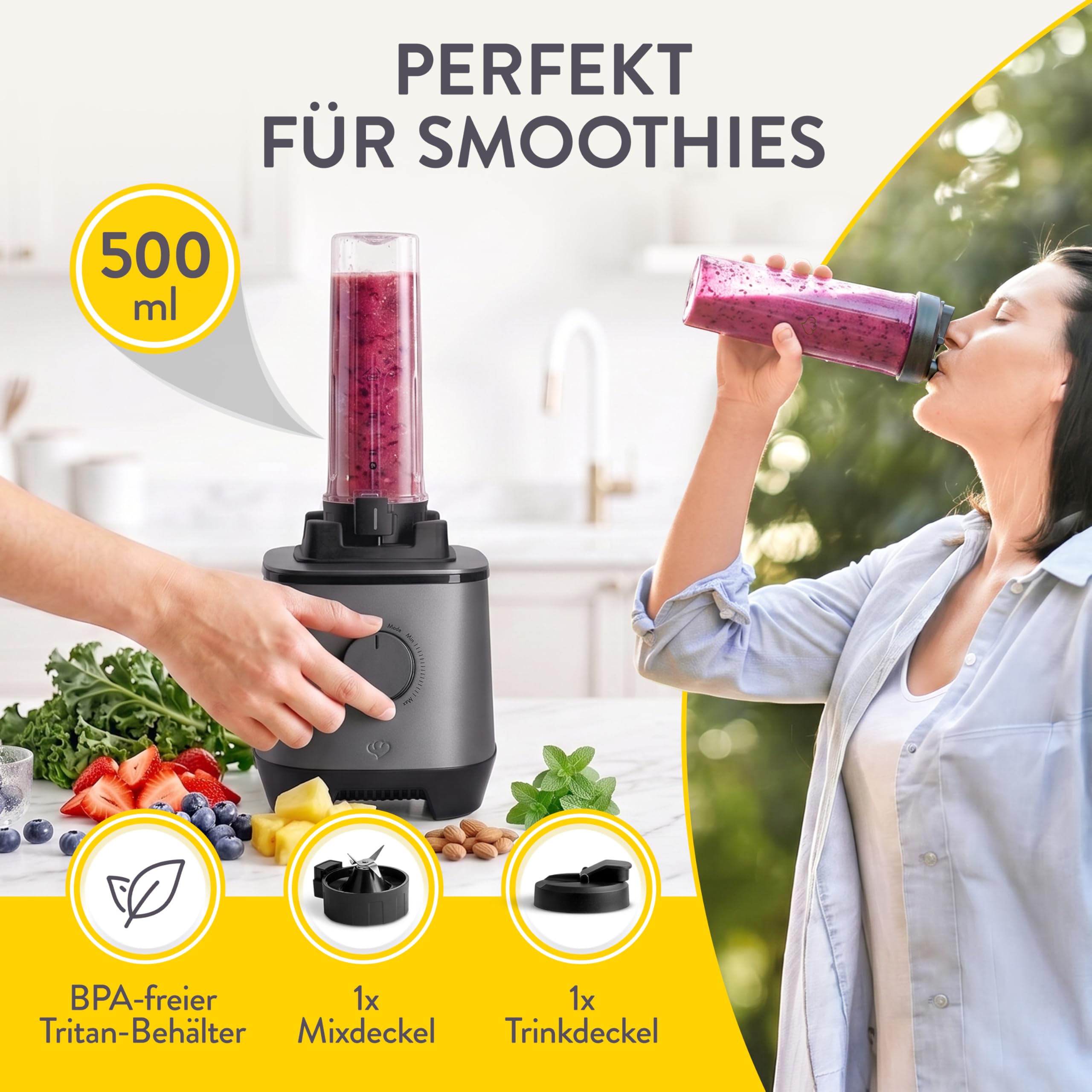 SPRINGLANE Hochleistungsmixer Hanno 2000 W, 32.000 U/min, 4 Programme, Selbstreinigungsfunktion, Standmixer mit 2,5 L Tritan-Behälter ohne BPA, inkl. Edelstahlmixbehälter & To-Go-Mixflasche