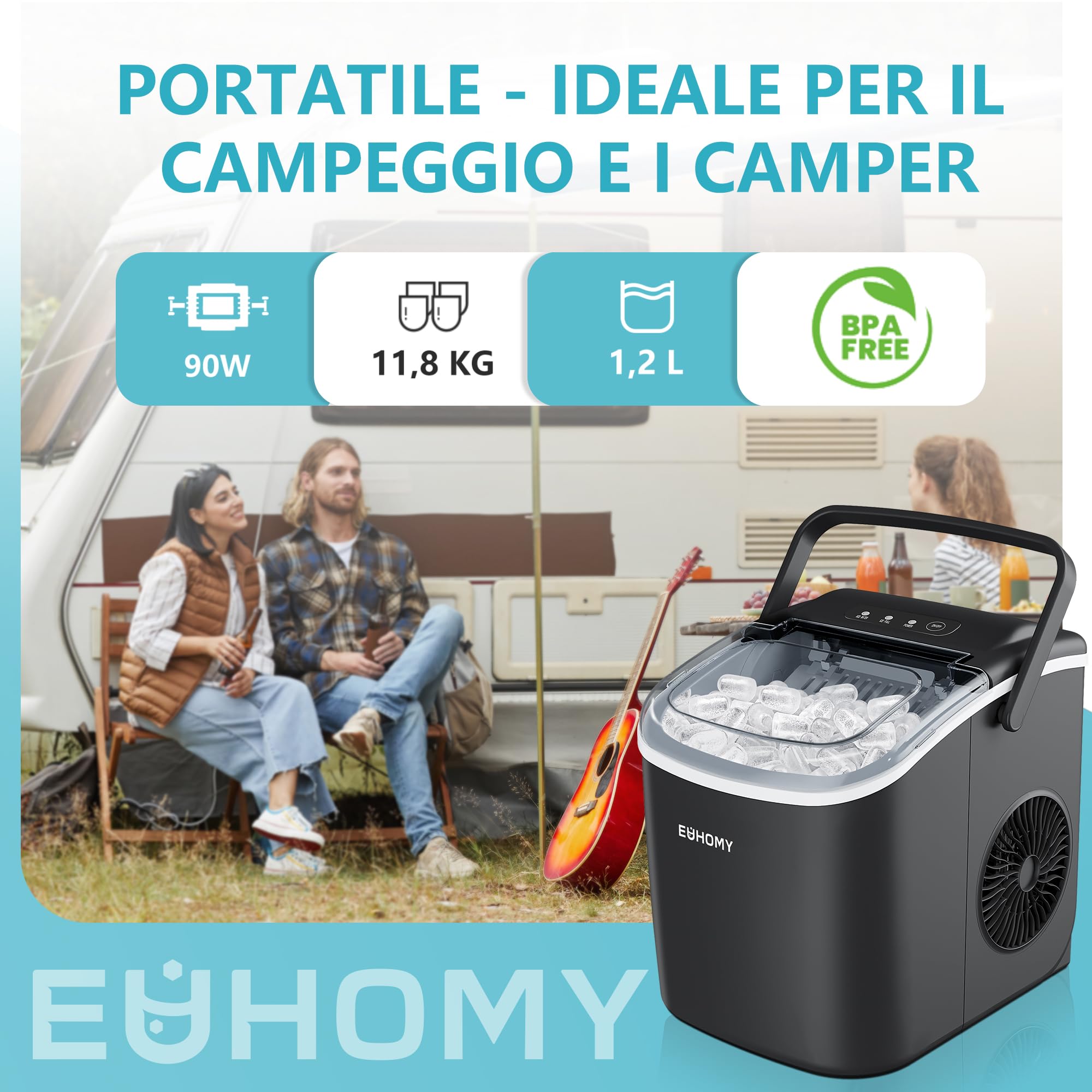 Macchina Ghiaccio 12kg/24h, EUHOMY Macchina del Ghiaccio Casa, 9 Cubetti in 6 Minuti, Autopulente, con Maniglia, Paletta, Cestello, Nero, 45dB