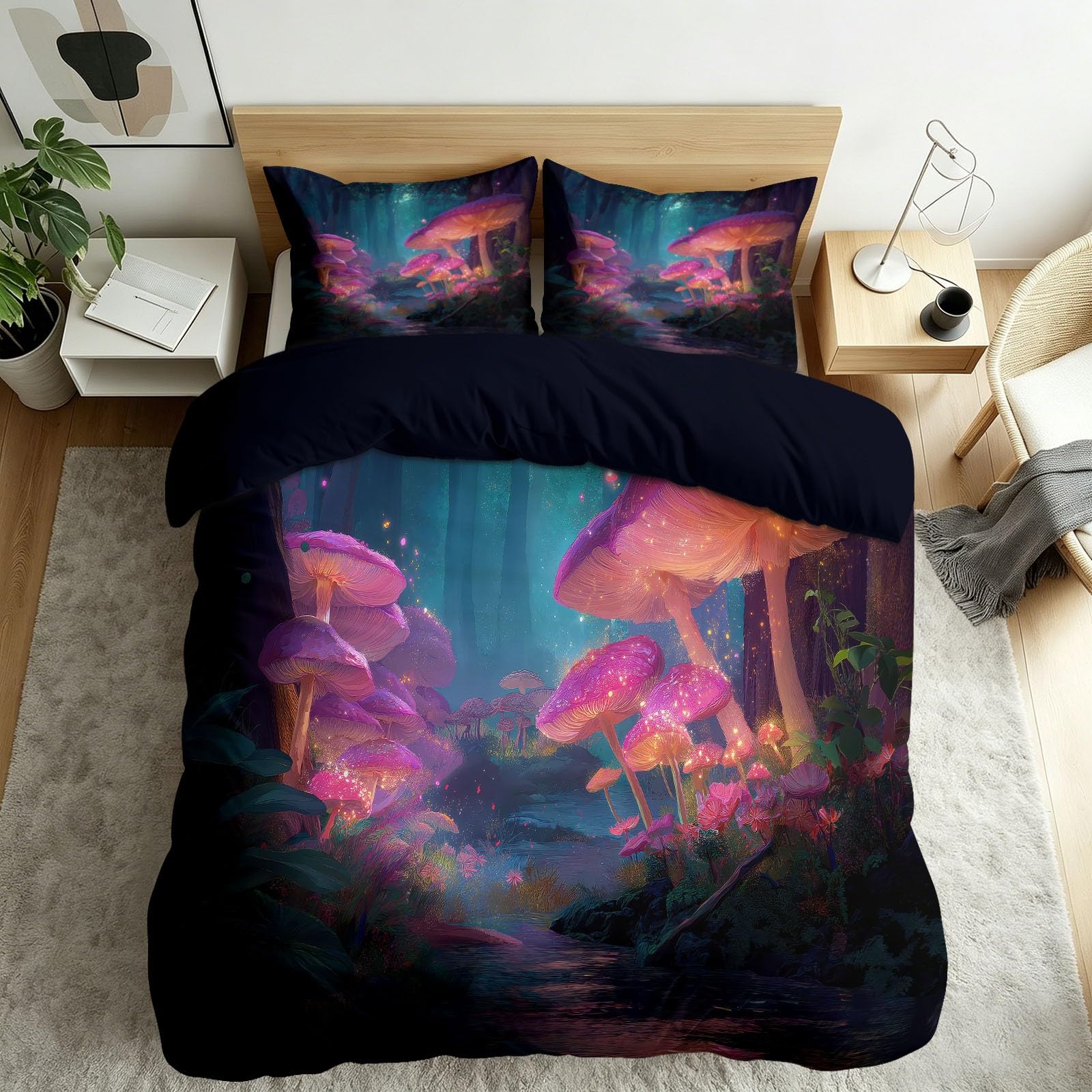 Générique Poszwa na kołdrę 220 x 240 cm dorosły czarny zestaw pościeli magia las roślina grzyb mikrofibra poszwa na kołdrę 2 osoby z zamkiem błyskawicznym 2 poszewki na poduszki 65x65 cm