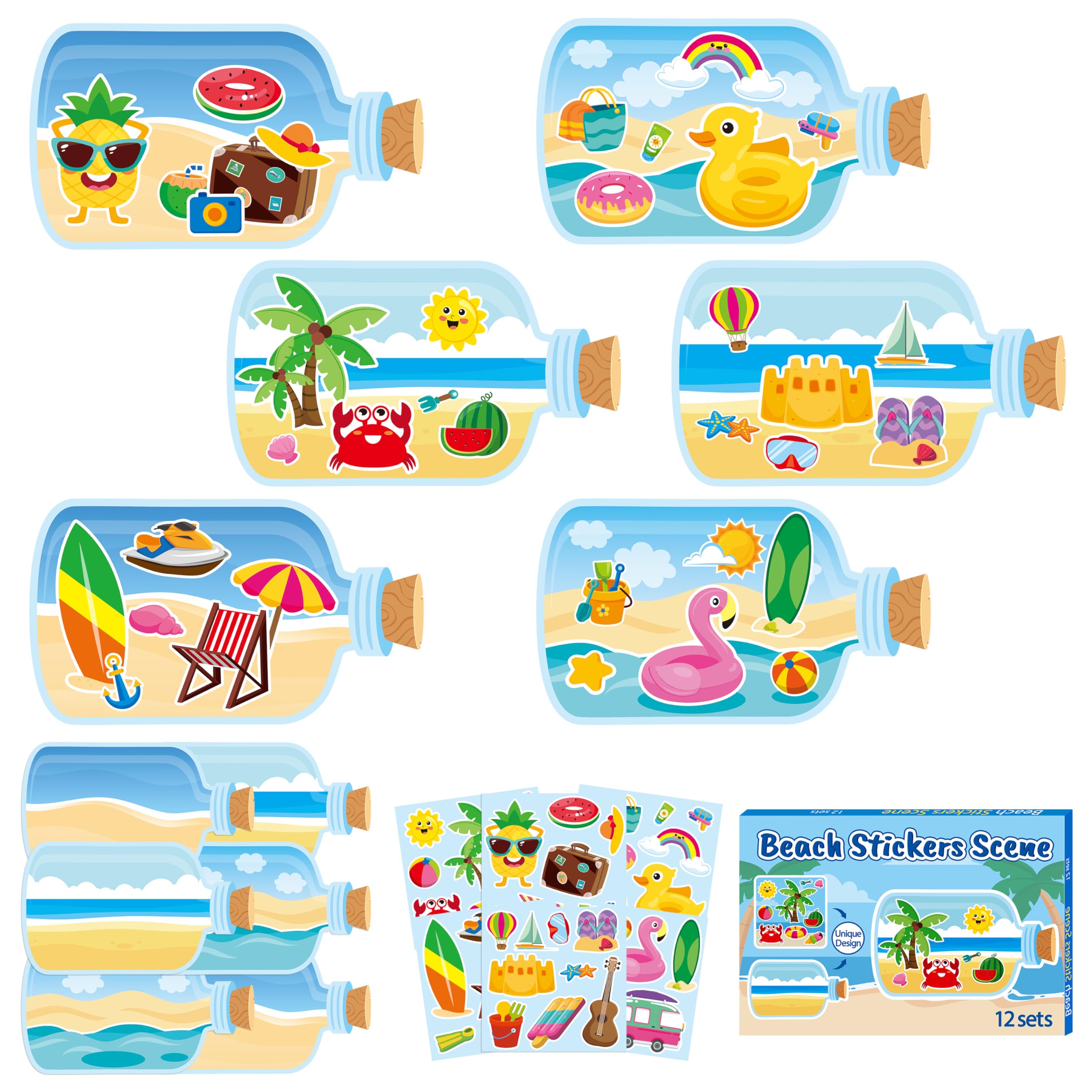 CY2SIDE Summer Beach Stickers - 12PCS Summer Drifting Bottles Sticker Art Craft for Kid Make Your Own Beach Sticker Scene with Pineapple Flamingo DIY