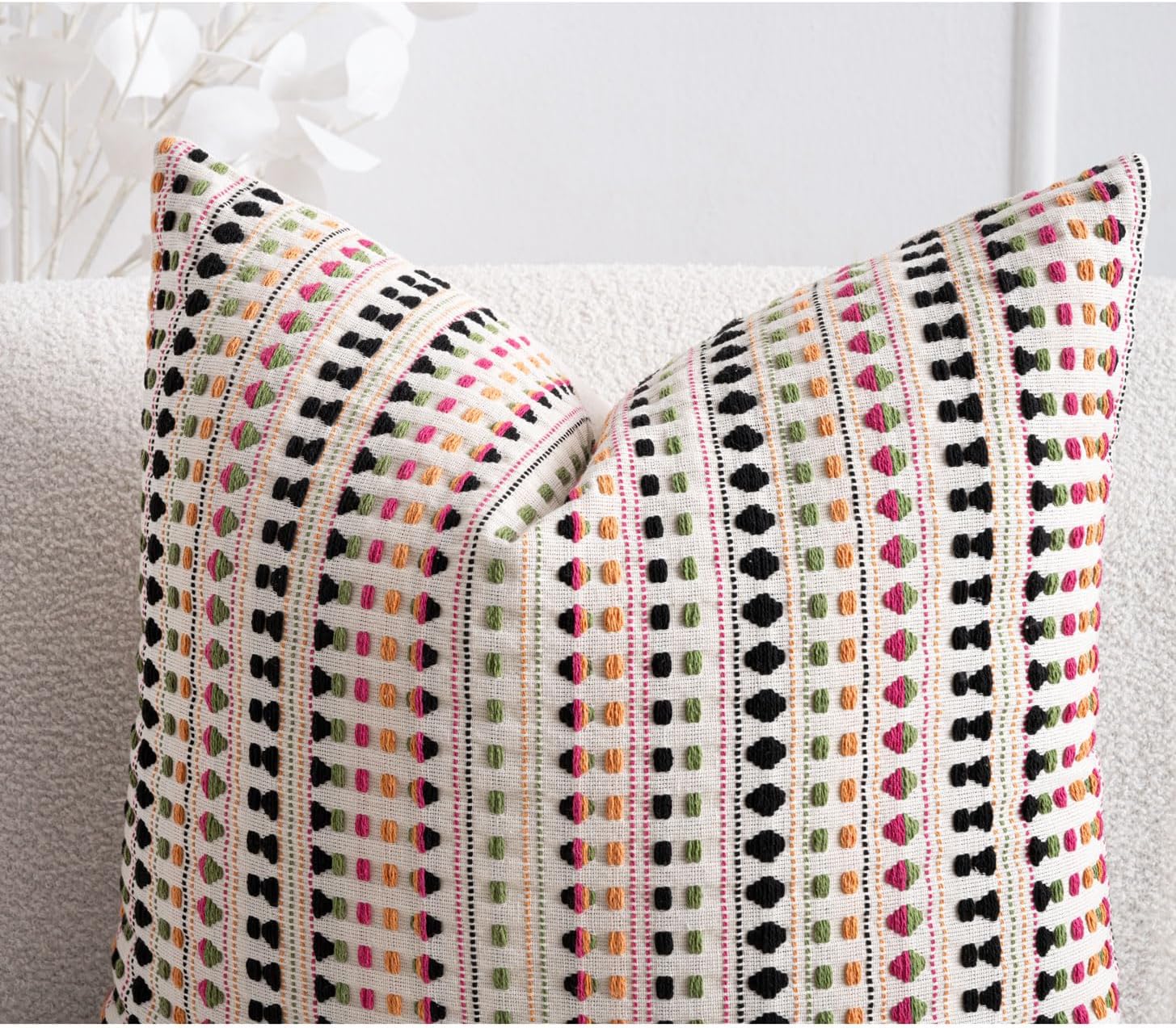Zealax Boho Throw Pillow Decorative Striped Pillow Covers for Couch Bed Living Room, Neutral Cushion Cover Cotton Textured Farmhouse Pillow Cases Set of 2, 24x24 Inch, Colorful