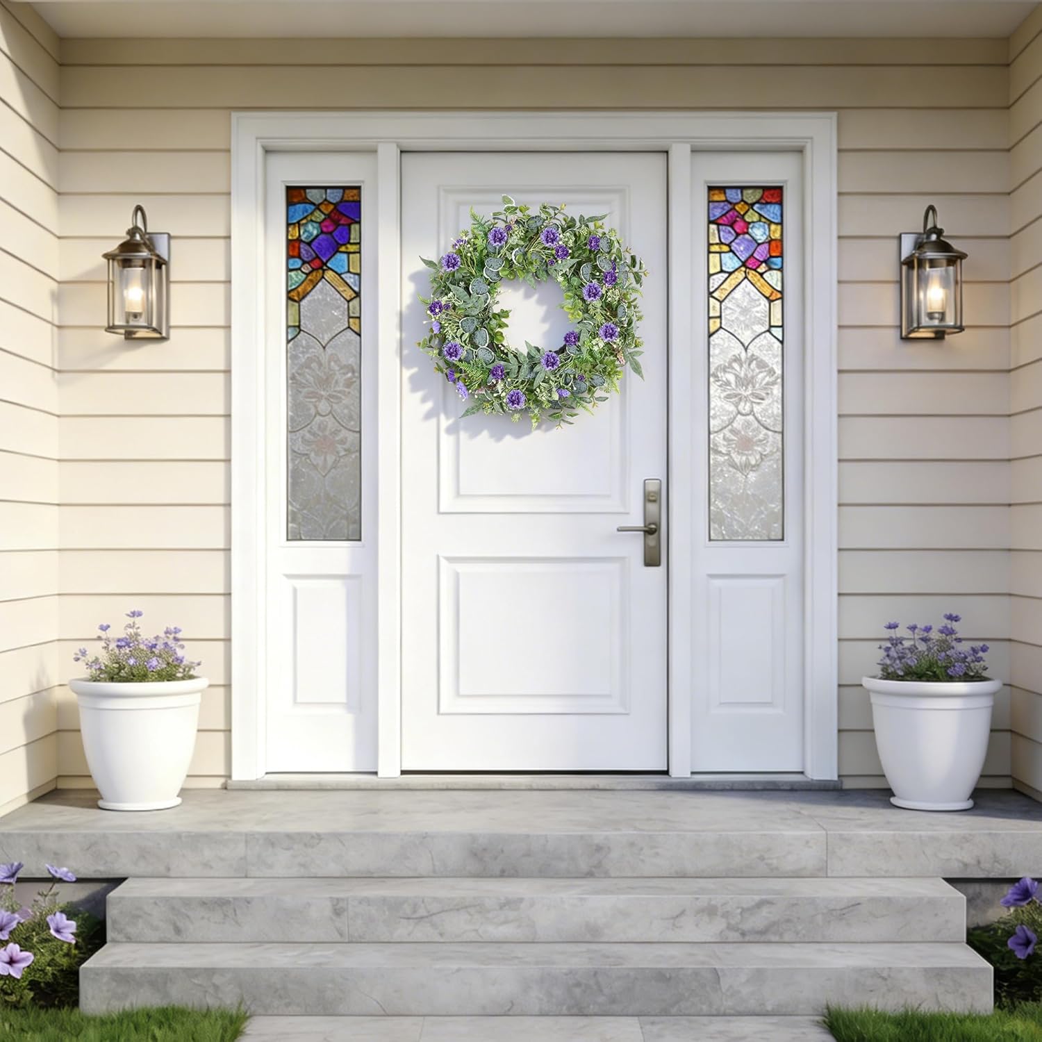 Eucalyptus Wreaths for Front Door, 24 Inch Purple Carnation Wreath, Spring Summer Door Wreath for All Seasons for Porch Home Wall Window Office Wedding Easter Decor (Indoor Outdoor Use)