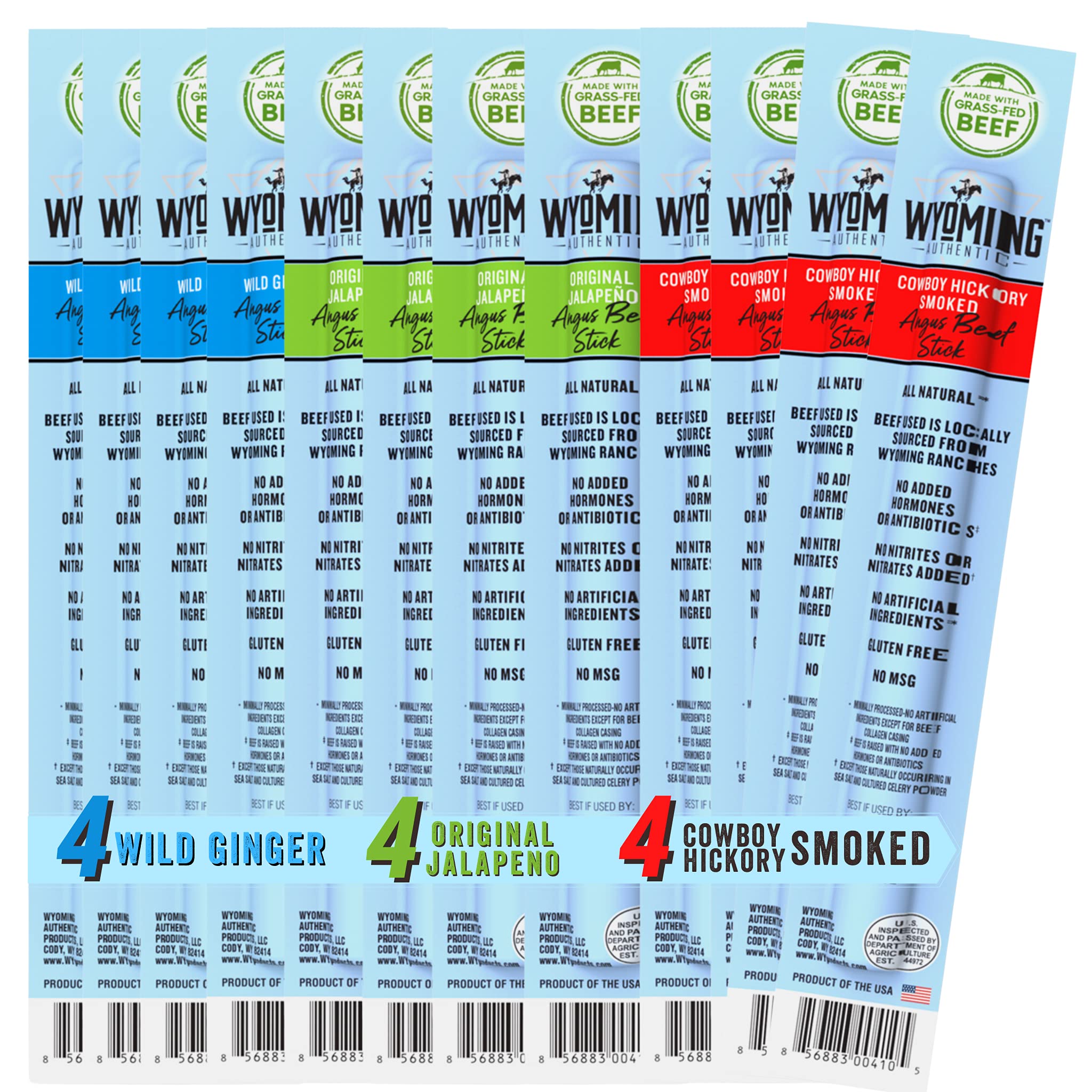 Wyoming 100% Grass Fed Beef Sticks - 4X Each Flavor - Cowboy Hickory smoke, Wild Ginger & Original Jalapeno - Clean Tasty Meat Sticks snacks with 6g of protein made with Angus Beef Sticks, Nitrate Free, Jerky Meat Sticks - No Artificial Ingredients, Individually Wrapped - Pack of 12