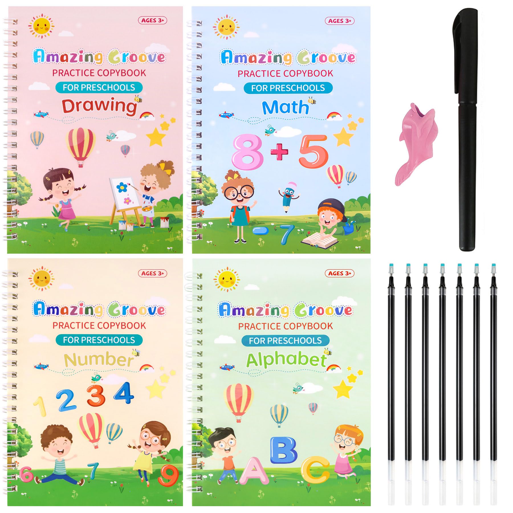 Larcenciel Handwriting Practice for Kids, 4 Pcs Reusable Magic Grooved Copybook Set for 3-5 Toddler Preschool Education, Learn Alphabet Math Calligraphy Workbook for Kindergarten Homeschool Classroom