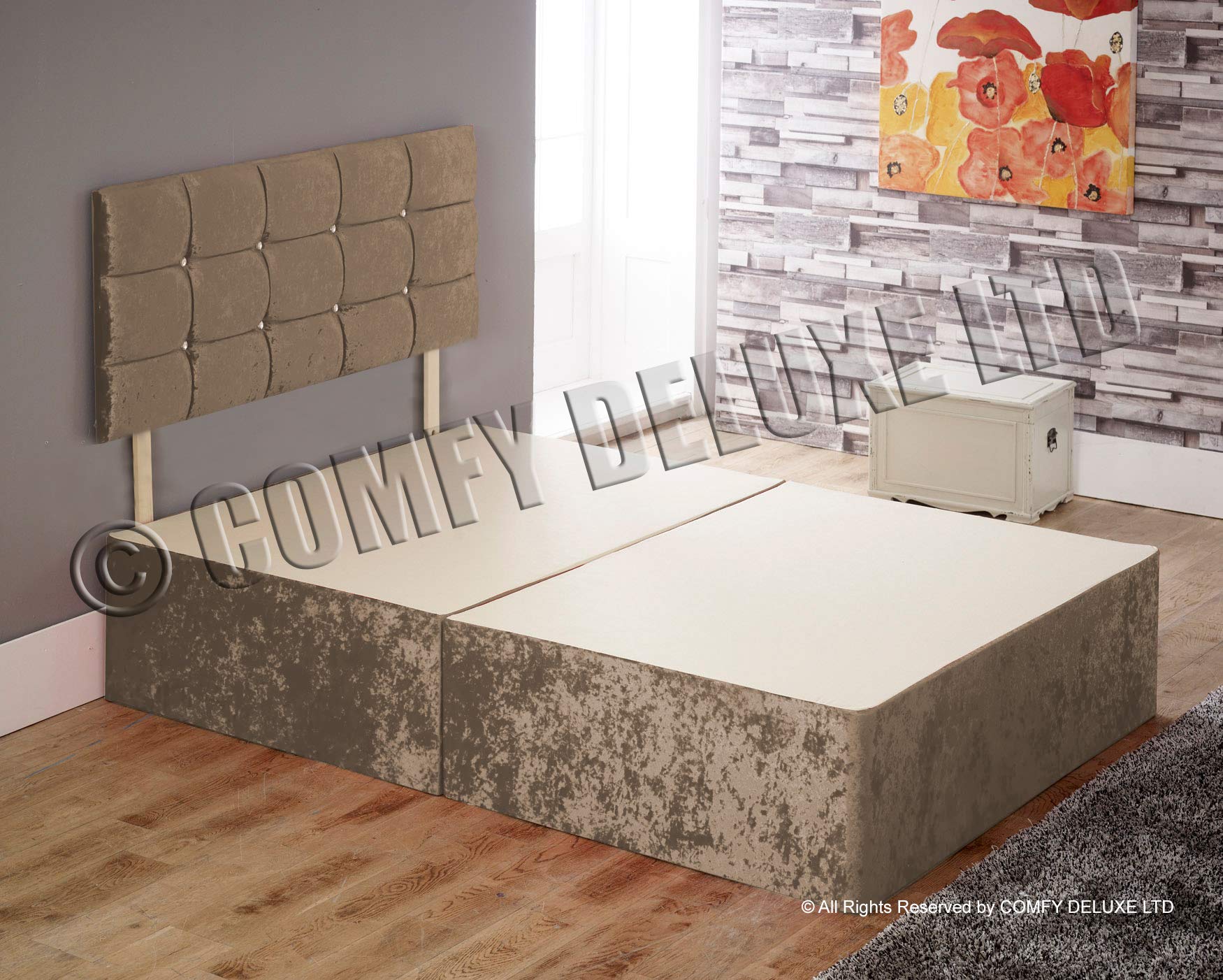 Comfy Deluxe LTD DIVAN BED SINGLE DOUBLE KING SIZE SUPER KING BASE WITH CUBE HEADBOARD IN CRUSHED VELVET (3FT - 0 DRAWER, TRUFFLE)