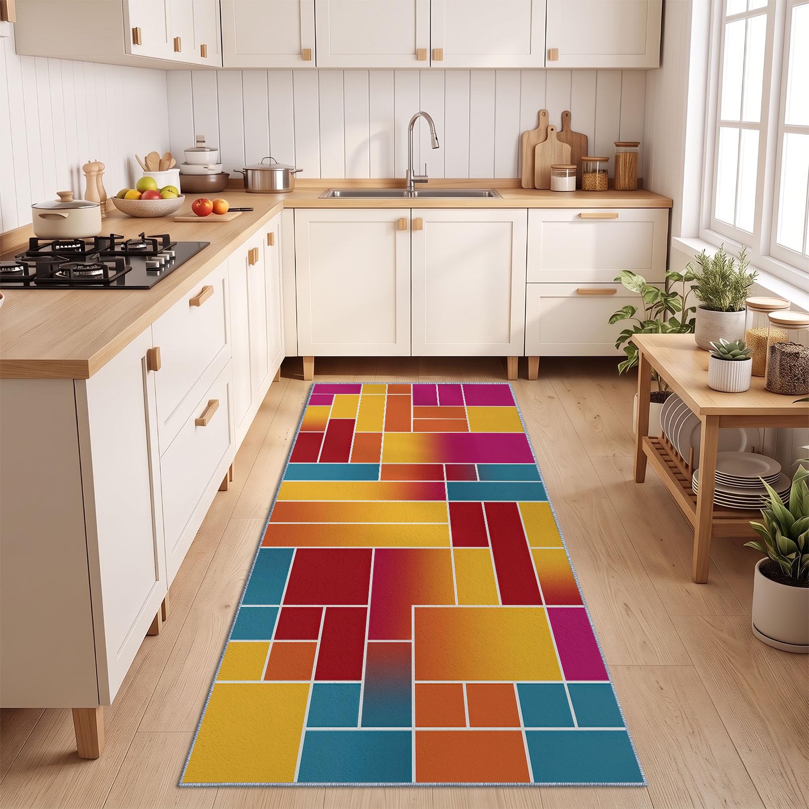 Teppich Läufer Flur Geometrisch Farbblock Waschbarer 80x240 cm, Bunt