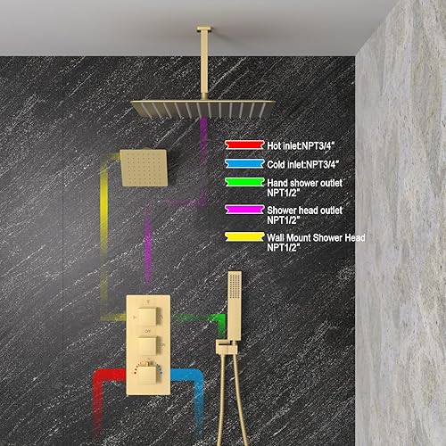 Miniatura 31 de Enga Sistema de ducha termostático doble, grifo de ducha de lluvia doble de montaje en pared de 12 pulgadas + 6 pulgadas, todas las funciones se Oro