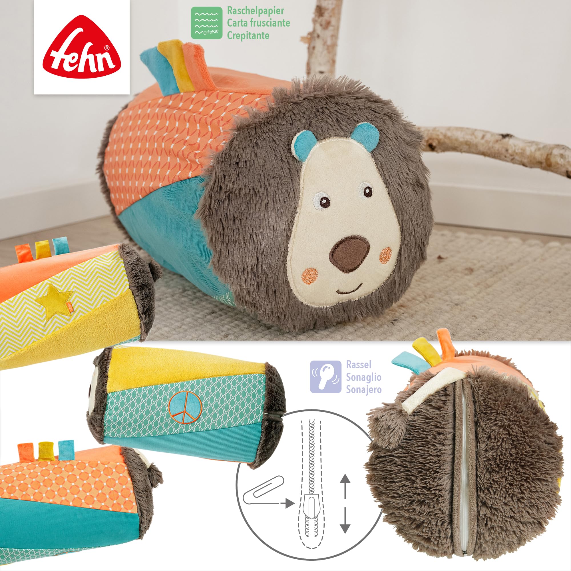 Fehn 066326 Leone, rullo per gattonare, supporto per gattonare accompagnati dal simpatico leone, per neonati e bambini dai 6 mesi in su, dimensioni: 22 x 34 cm