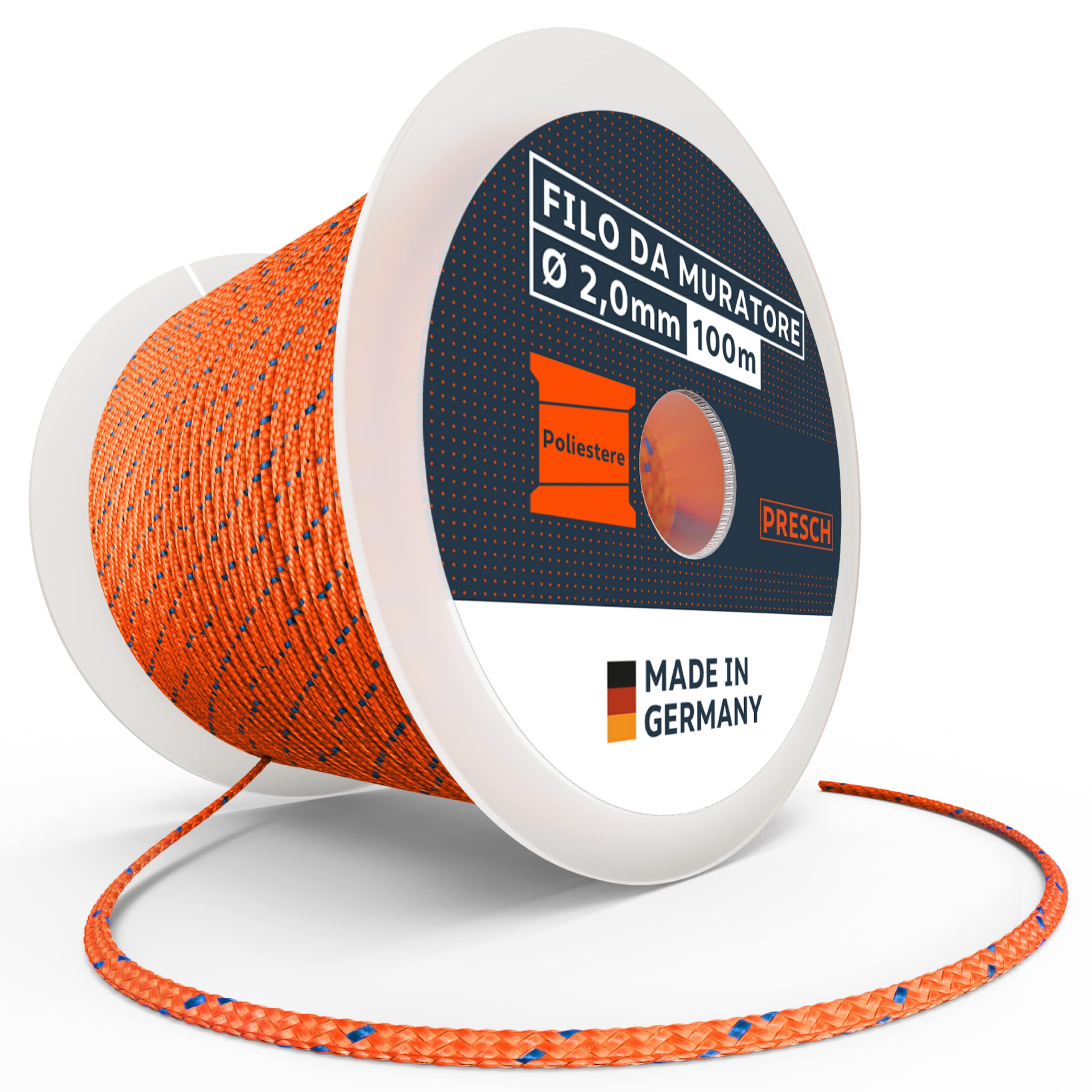Presch Corda da muratore 100m | ⌀2,0mm | Poliestere | Corda da raddrizzamento resistente allo strappo e alle intemperie con bobina | Corda da costruzione resistente ai nodi