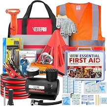 Car Emergency Kit with Tire Inflator, Emergency Road Vehicle Kit, Car First Aid Kit, Jumper Cable, Towing Strap, Safety Hammer
