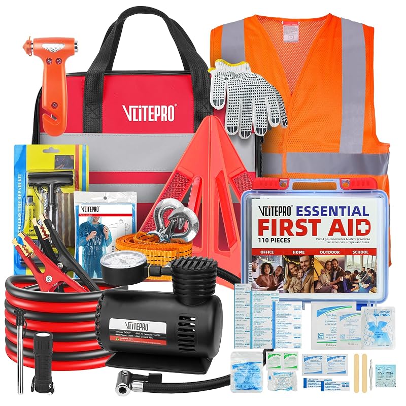 Kit de Emergência Automotiva VLITEPRO com Compressor de Ar 12 V, Cabos de Chupeta, Cinta de Reboque e Kit de Primeiros Socorros, 122 peças