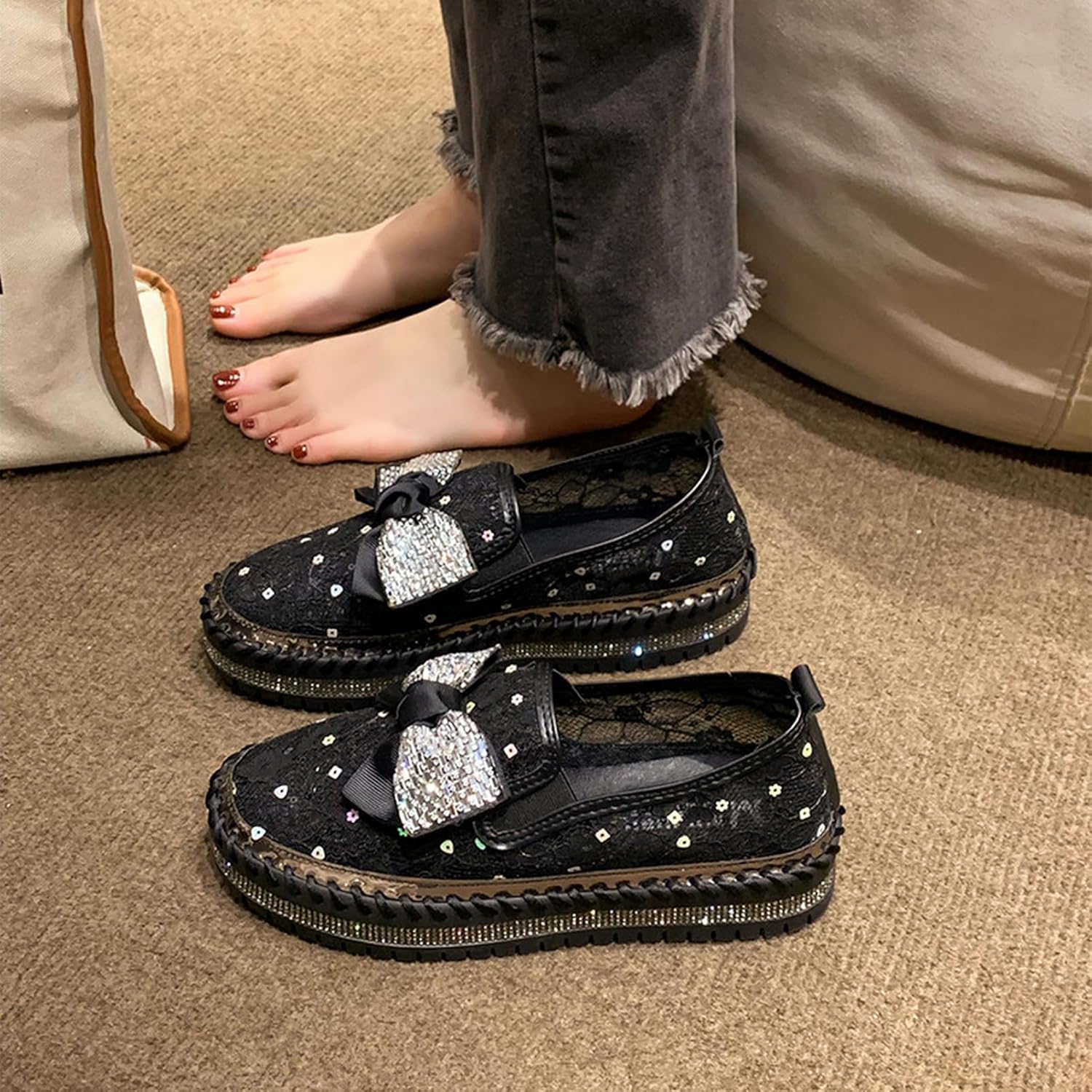 [MANNEW] 厚底スリッポン スニーカー かかとなし レディース ラインストーン キラキラ 美脚 おしゃれ ミュール サボサンダ
