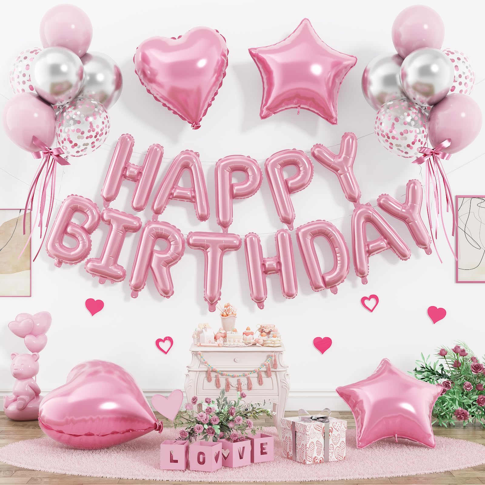 Photo 1 of 29PC Pastel Pink Happy Birthday Balloons Banner, 16 Inch Aluminum Letter Banner Sign, Pink Silver Confetti Balloon 18 Inch Star Heart Foil Balloon for Women, Girls Birthday Party Supply