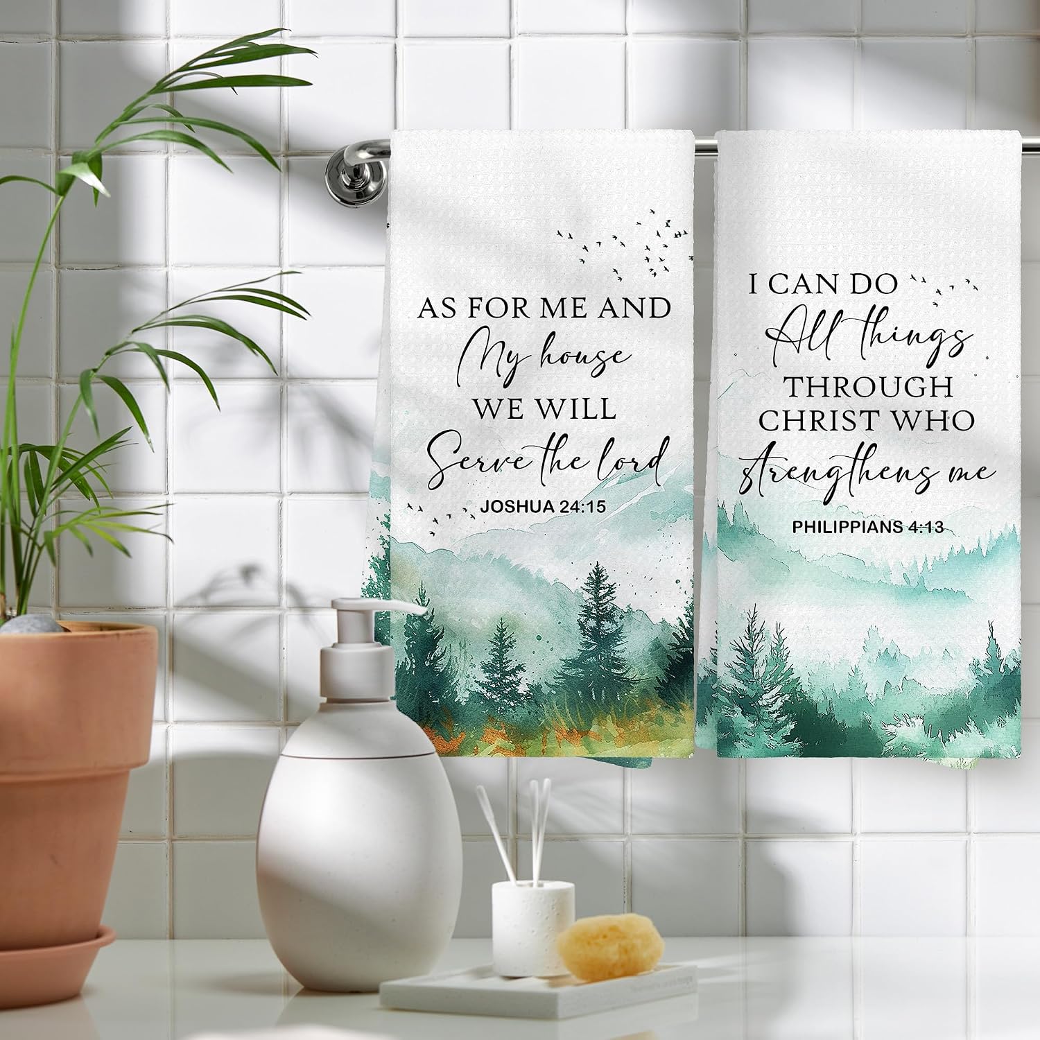 Christian Inspirational Kitchen Towels Set of 2, Bible Verse Motivational Hand Towels Gifts for Women Bathroom, Mountain Forest Landscape Decorative Tea Dish Towels for Kitchen 16x24in image 5