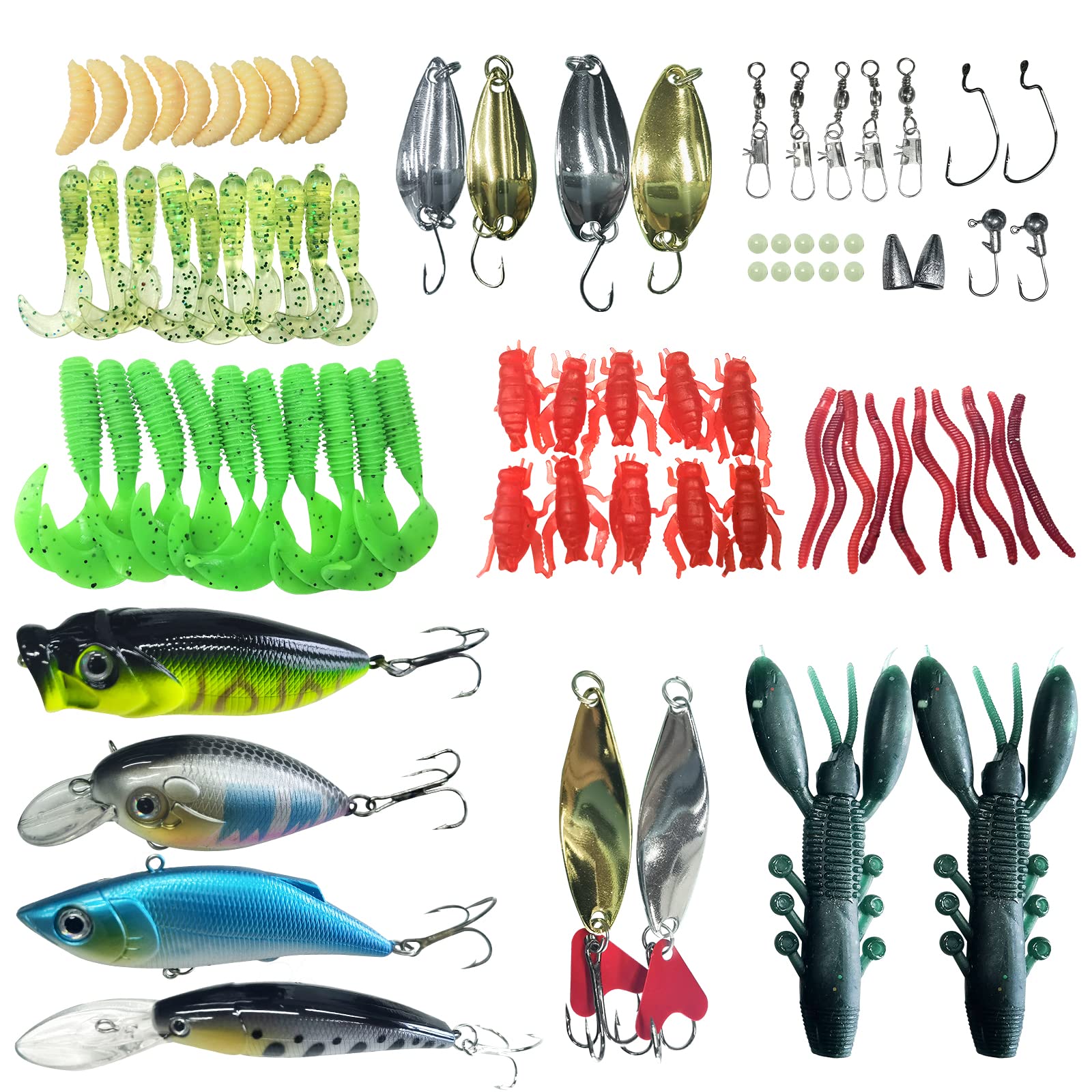 Fishing Tackle Kit Set Minnow Crank Spoon Bait Spinner Lure Soft Grubs Shrimp Lure VIB Lure with Sharp Fishing Hooks