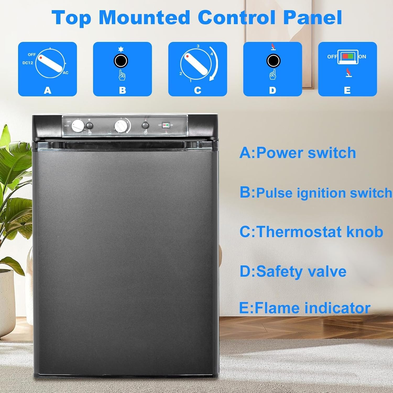 Top mounted control panel of the refrigerator with labeled components A, B, C, D, E.
