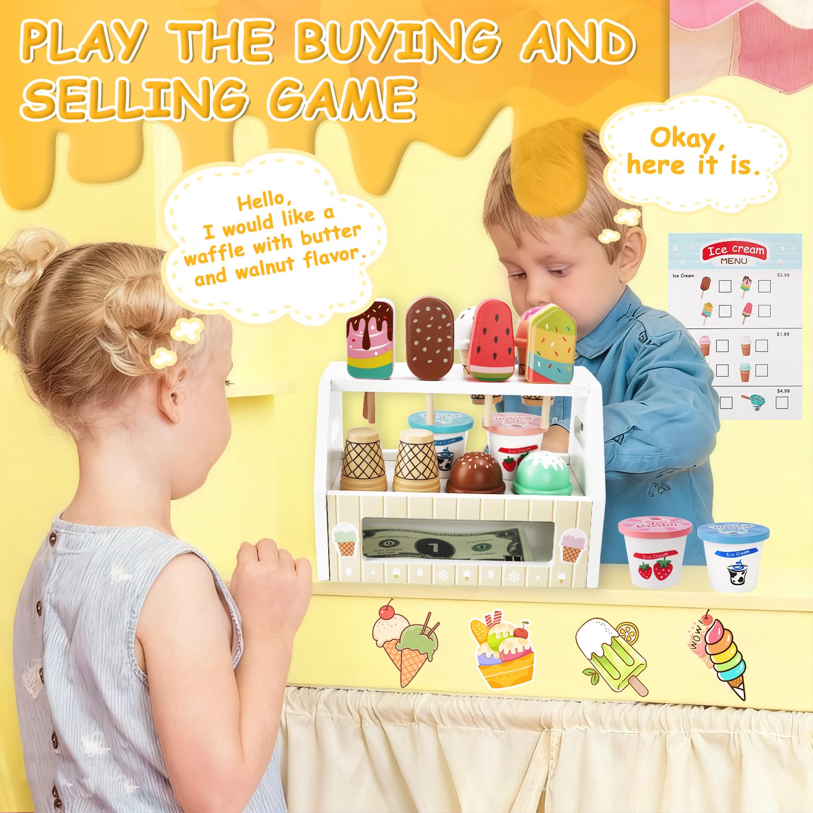 Gelateria Giocattolo per Bambini,Mini Giocattolo per Gelato in Legno,Montessori Gioco di Ruolo Educativo Regalo,Gelateria Giocattoli in Legno per Bambini da 3 4 5 6 Anni Ragazzi Ragazze
