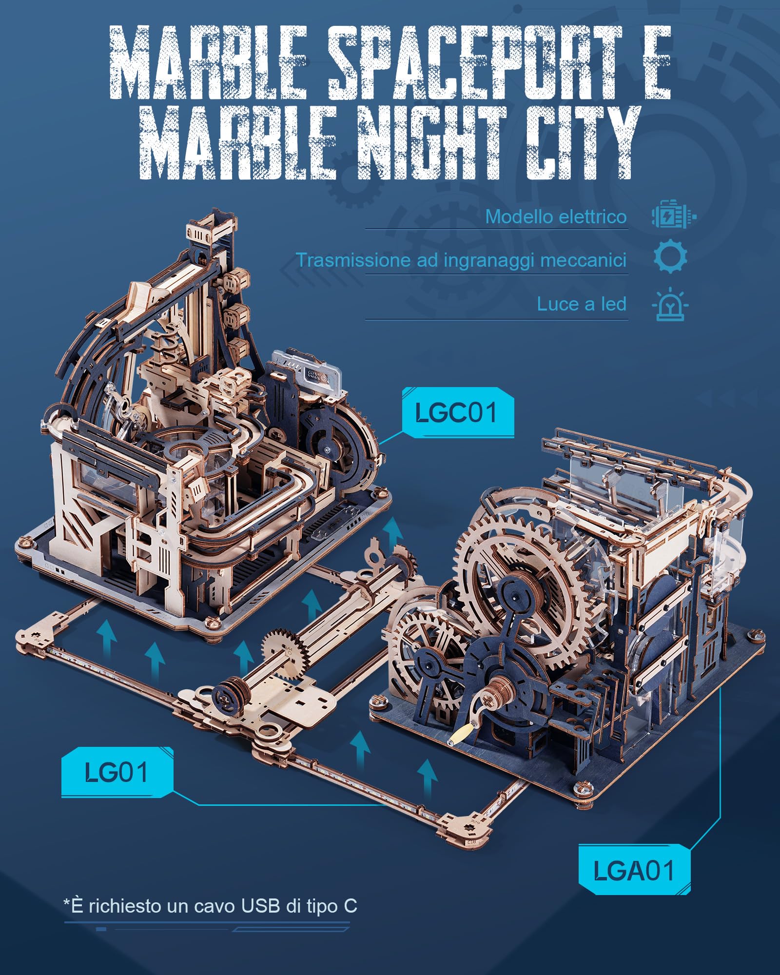 ROKR Piste da corsa Puzzle 3D Legno Modellini da Costruire in Legno, Kit Modello Meccanico a Motore con sfere, Modalità Automatiche, Marble Spaceport & Night City & Kit di collegamen, LGC01 LGA01 LG01