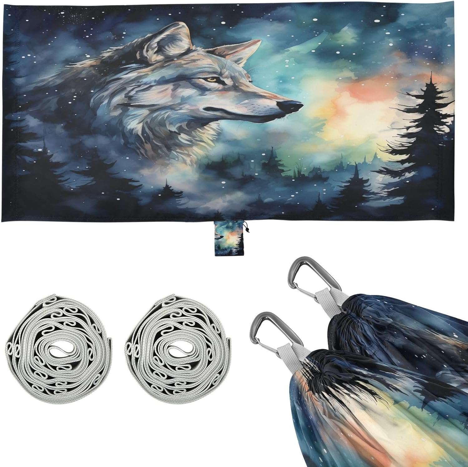 ALAZA Wolf Starry Sky Galaxy Camping Hammocks Single or 2 Person 500 lbs Portable Parachute Travel Hammock w/Tree Straps for Hiking Backpacking Indoor Outdoor